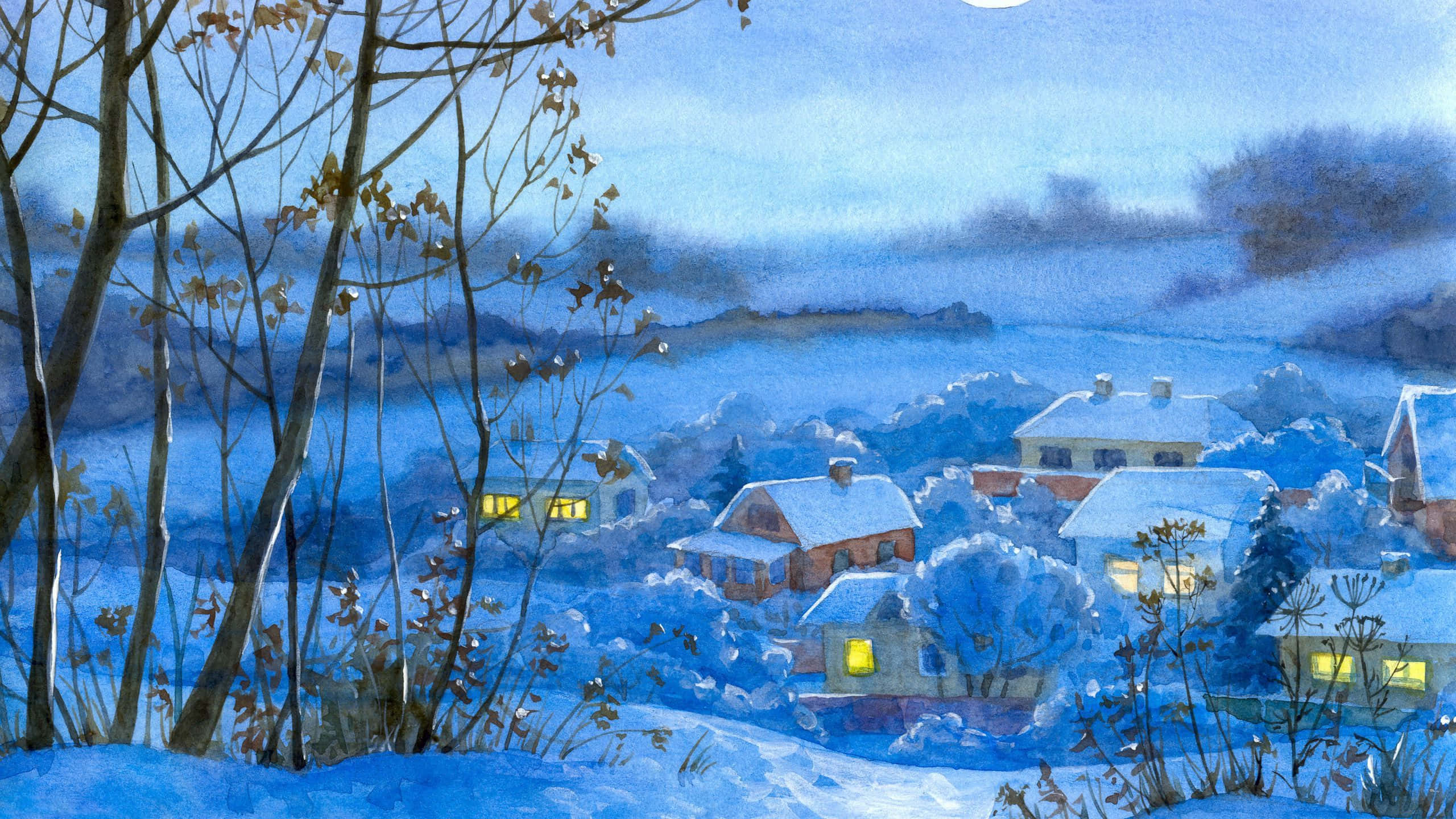 Winter Painting, snow-covered houses, pale moonlit sky, 2K Desktop Wallpaper