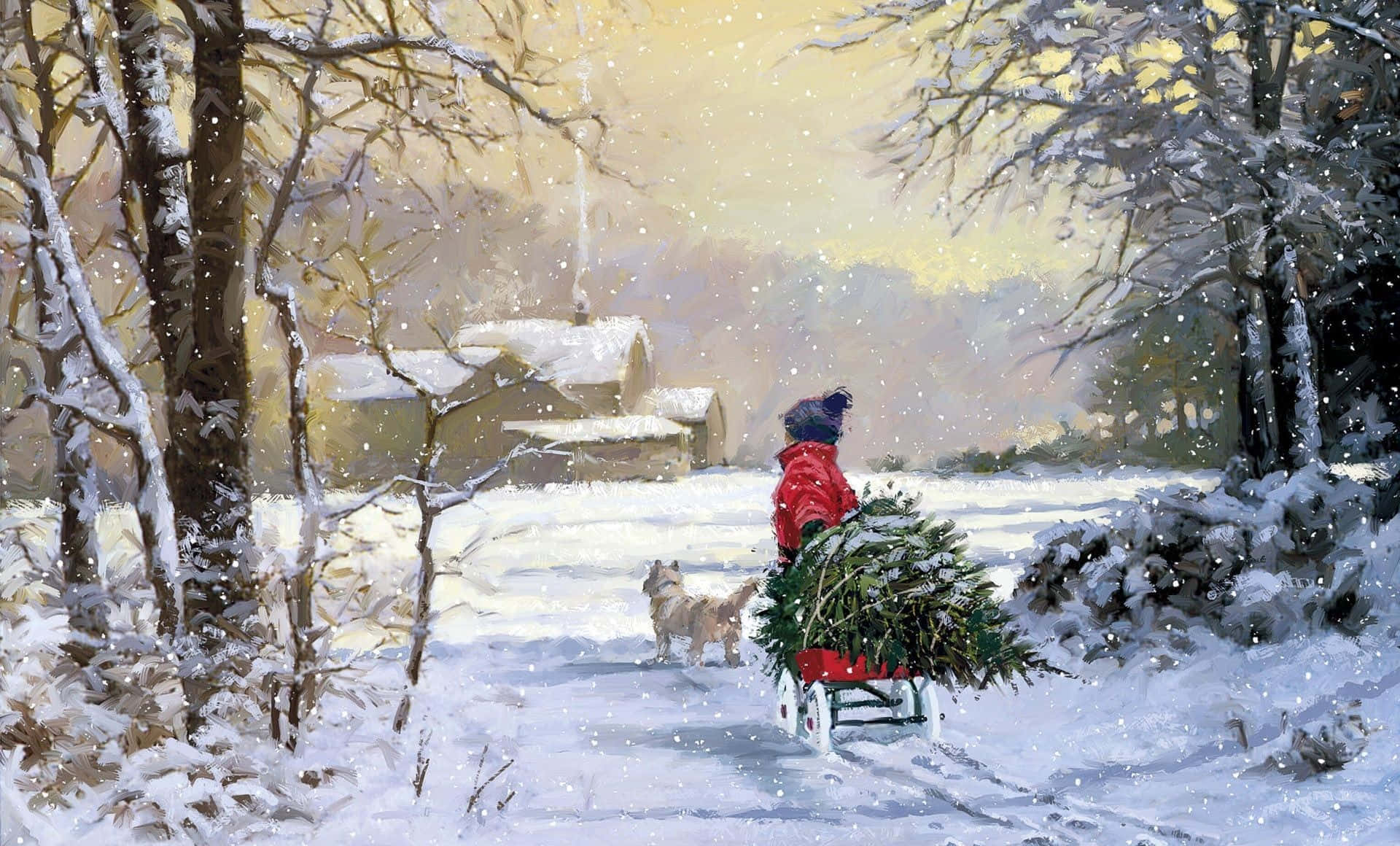 Winter Painting, red coat, sled, Full HD Desktop Wallpaper