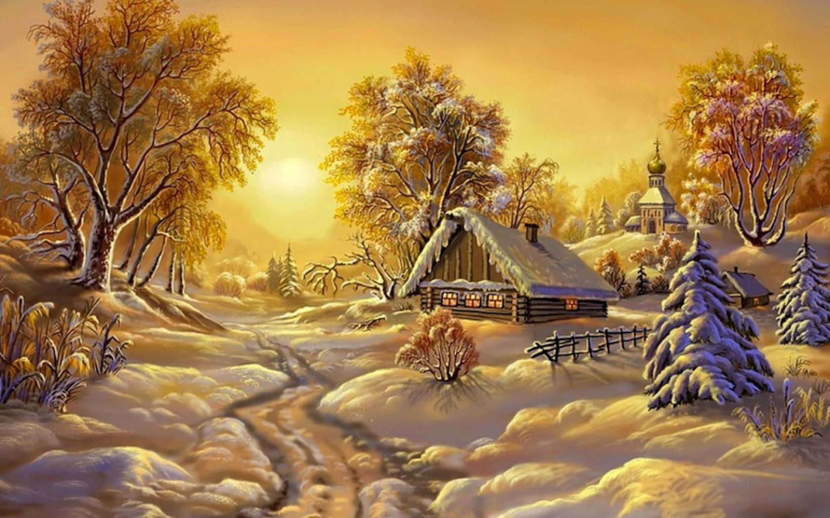 Winter Painting, snow-covered wooden cabin, winter forest, HD Desktop Wallpaper
