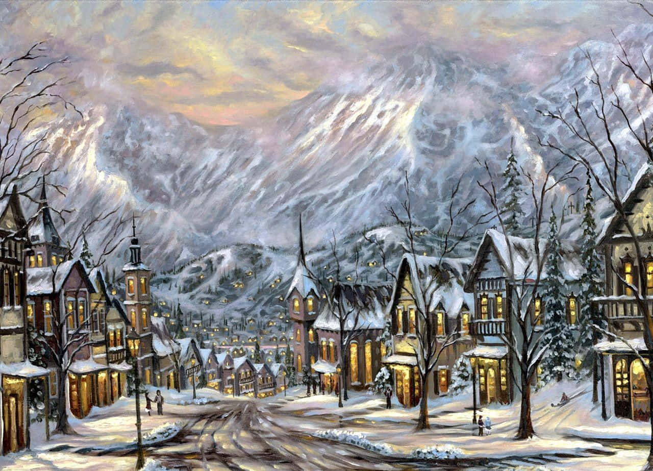 Winter Painting, snow-covered mountain village, dusk, HD Desktop Wallpaper