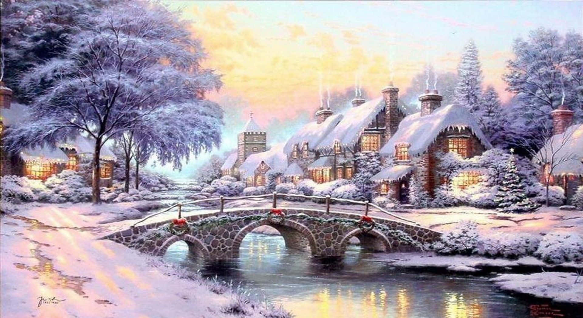 Winter Painting, snow-covered stone bridge, calm river, Full HD Desktop Wallpaper
