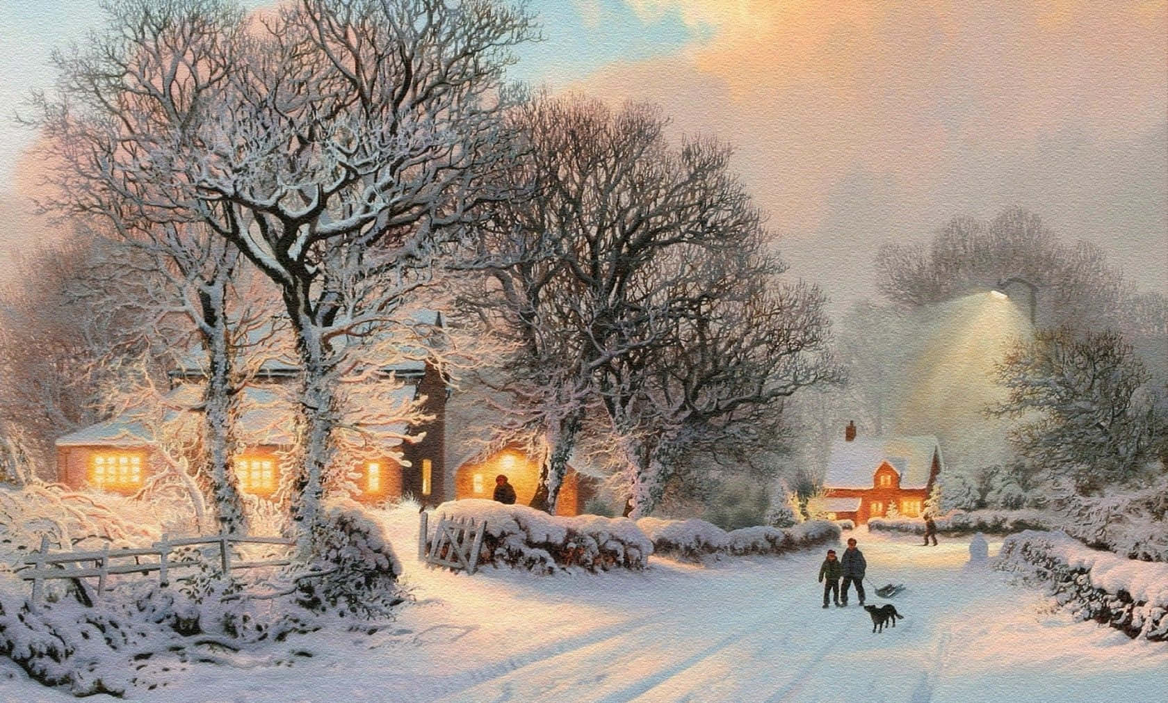 Winter Painting, snow, quiet village, HD Desktop Wallpaper