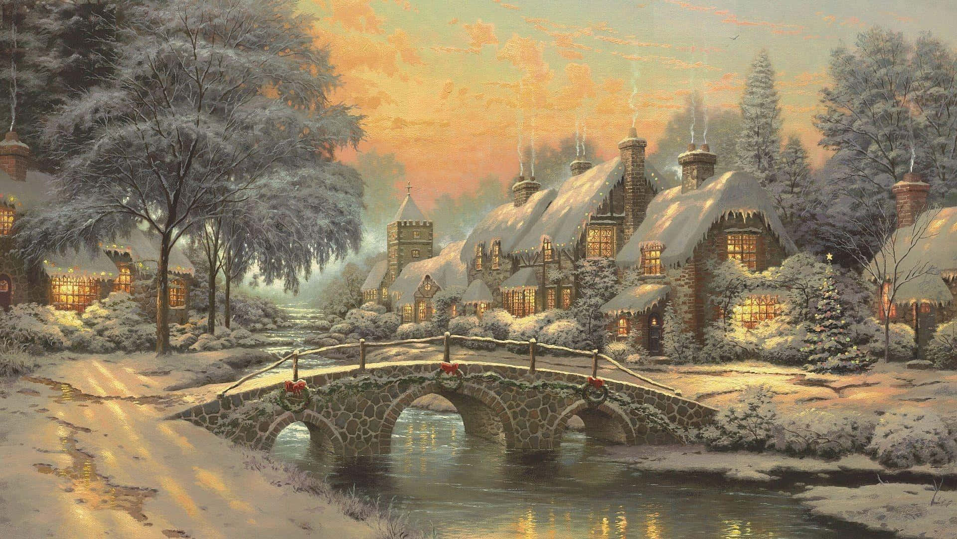 Winter Painting, snow-covered village, dusk, Full HD Desktop Wallpaper