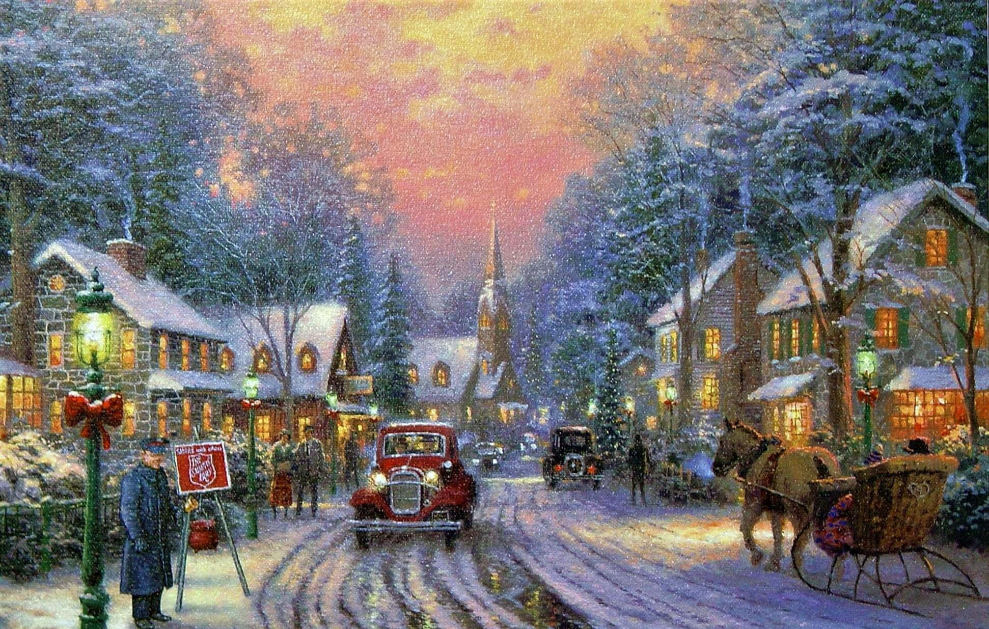 Winter Painting, 1942 x 1235, snowy twilight village street, Full HD Desktop Wallpaper