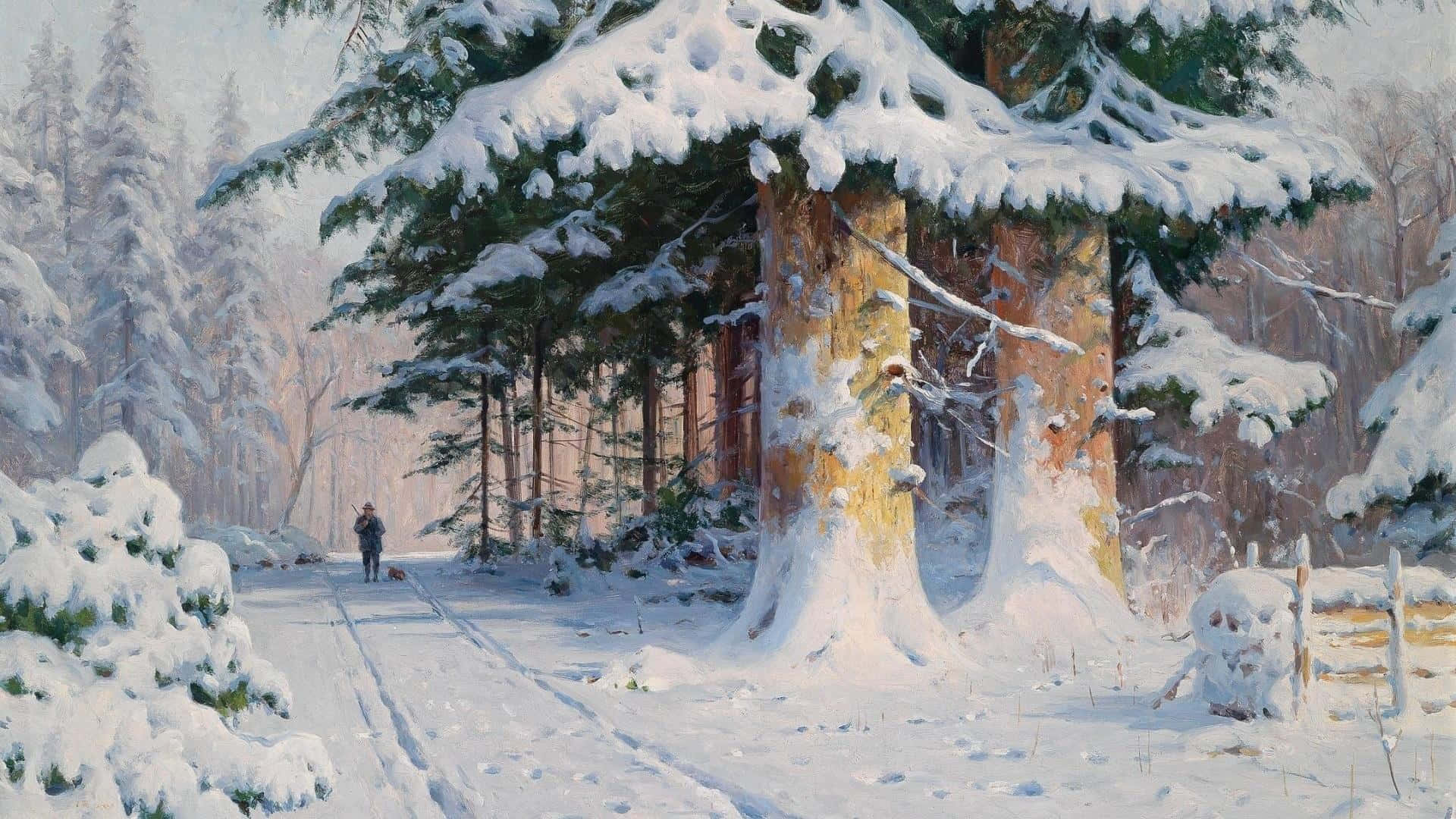 Winter Painting, snowy forest path, snow-laden pine trees, Full HD Desktop Wallpaper