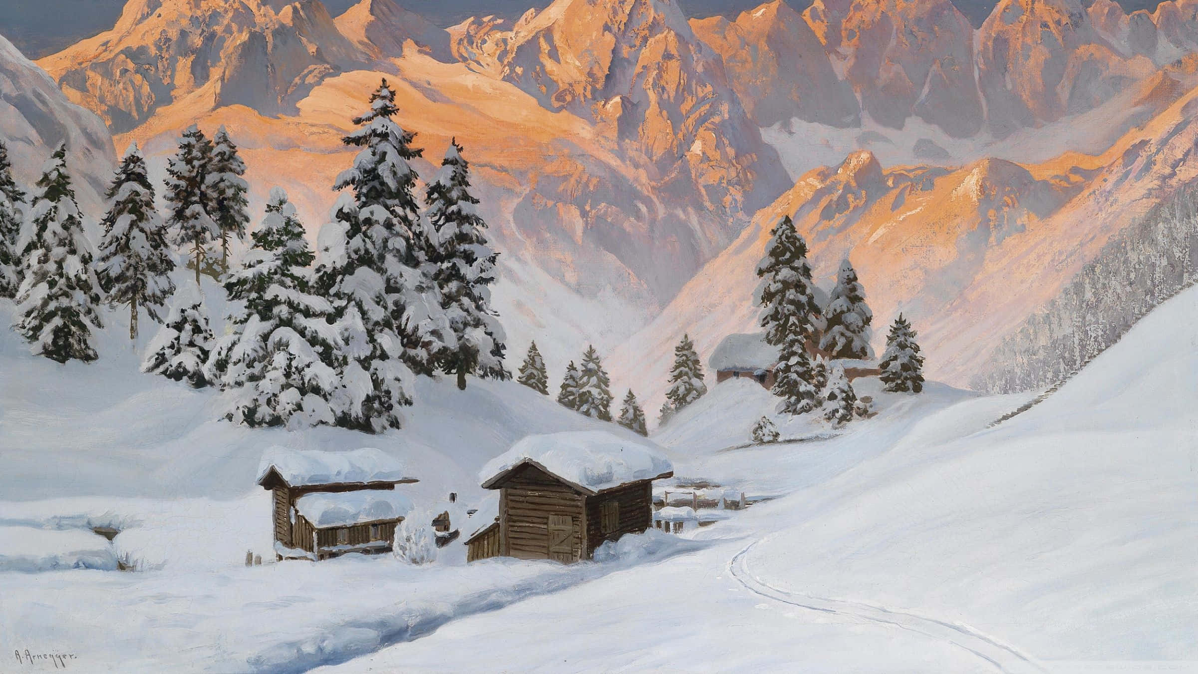 Winter Painting, 2400 x 1350, snow-covered wooden cabins, Full HD Desktop Wallpaper