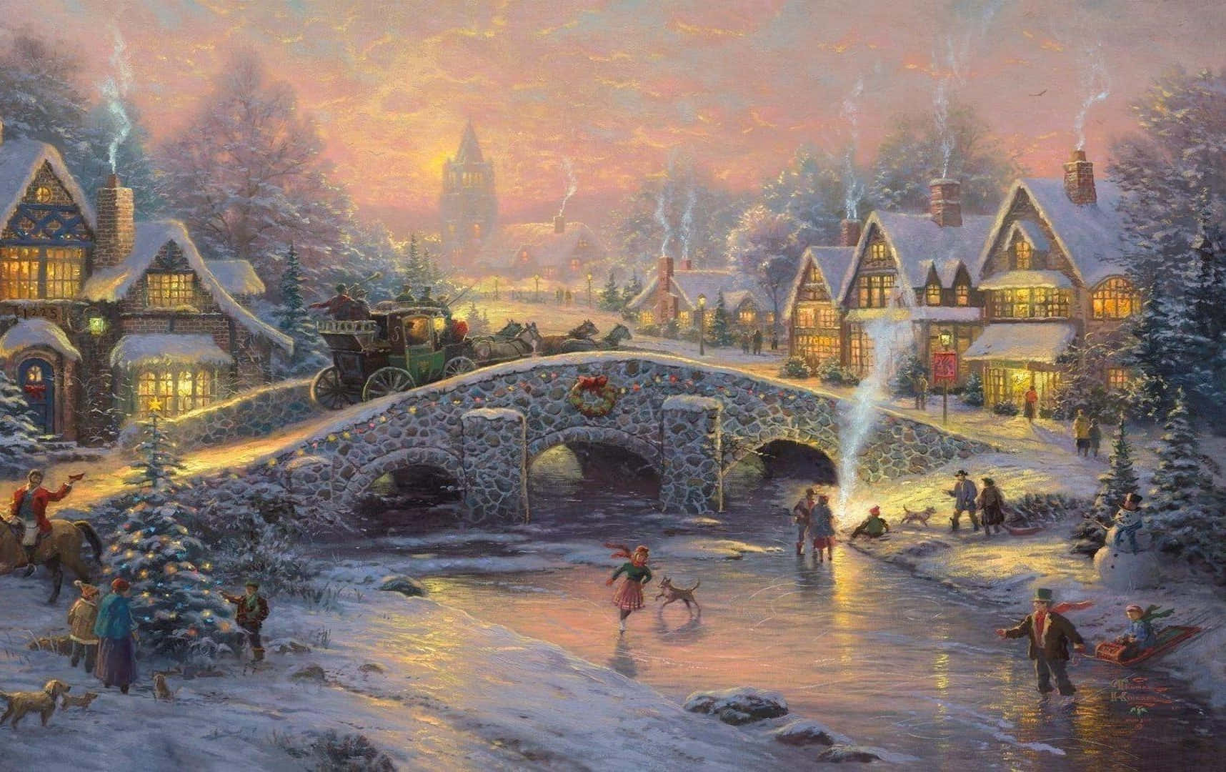 Snowy Winter Wonderland Painting, dusk, stone bridge, HD Desktop Wallpaper