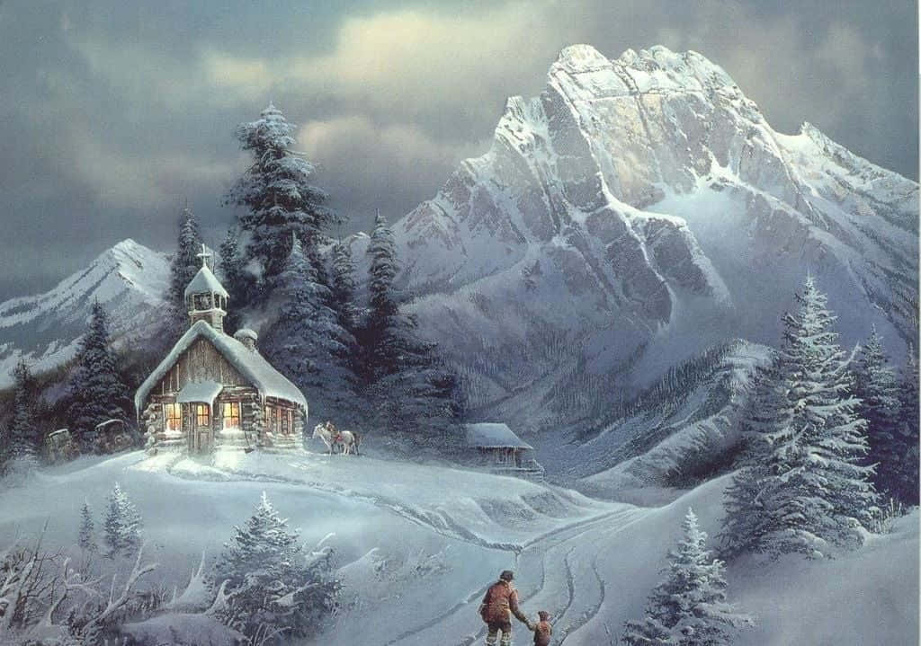 Winter Painting, snowy mountain landscape, warmly lit wooden chapel, SD Desktop Wallpaper