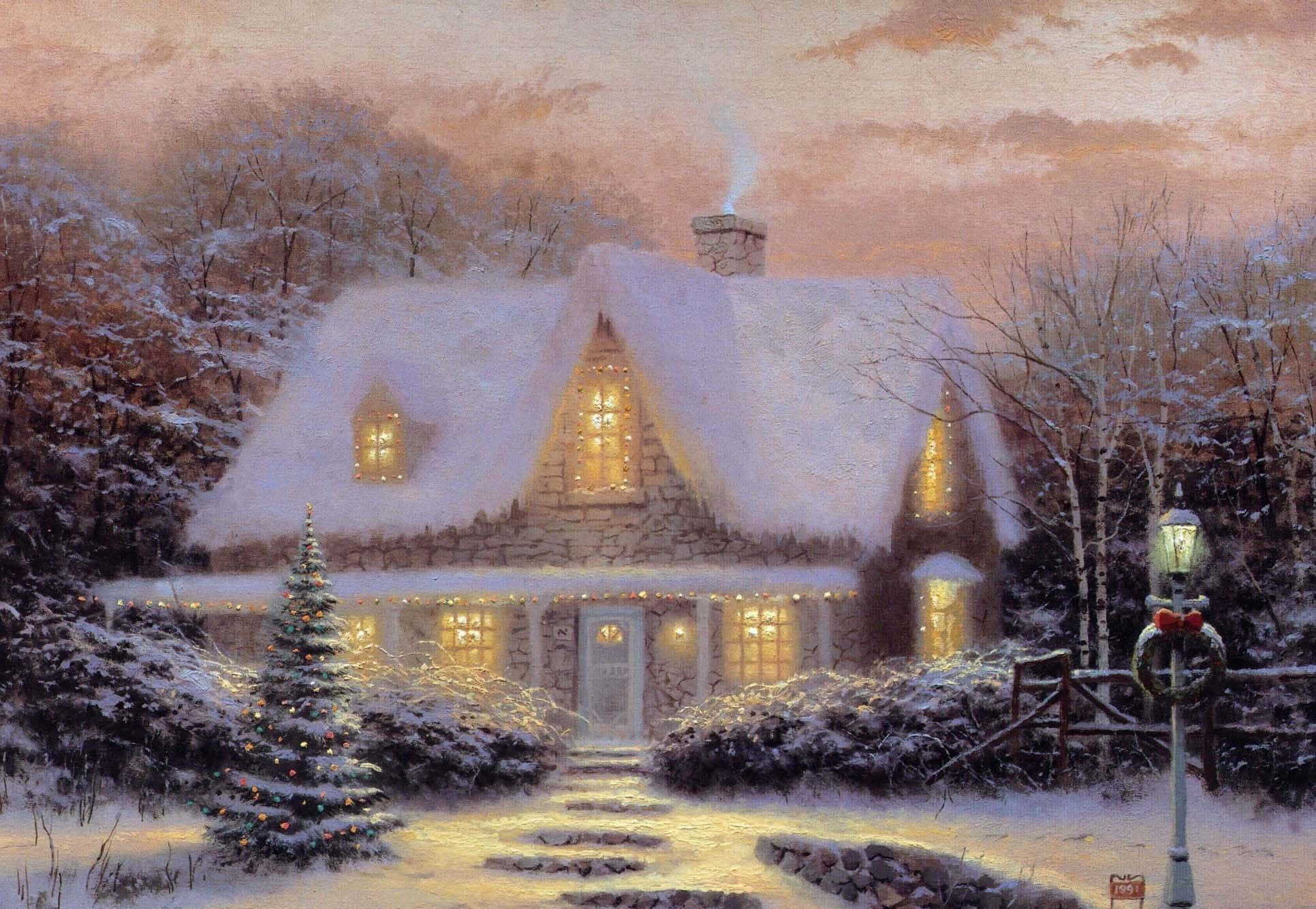 Winter Painting, snow-covered stone cottage, dusk, Full HD Desktop Wallpaper