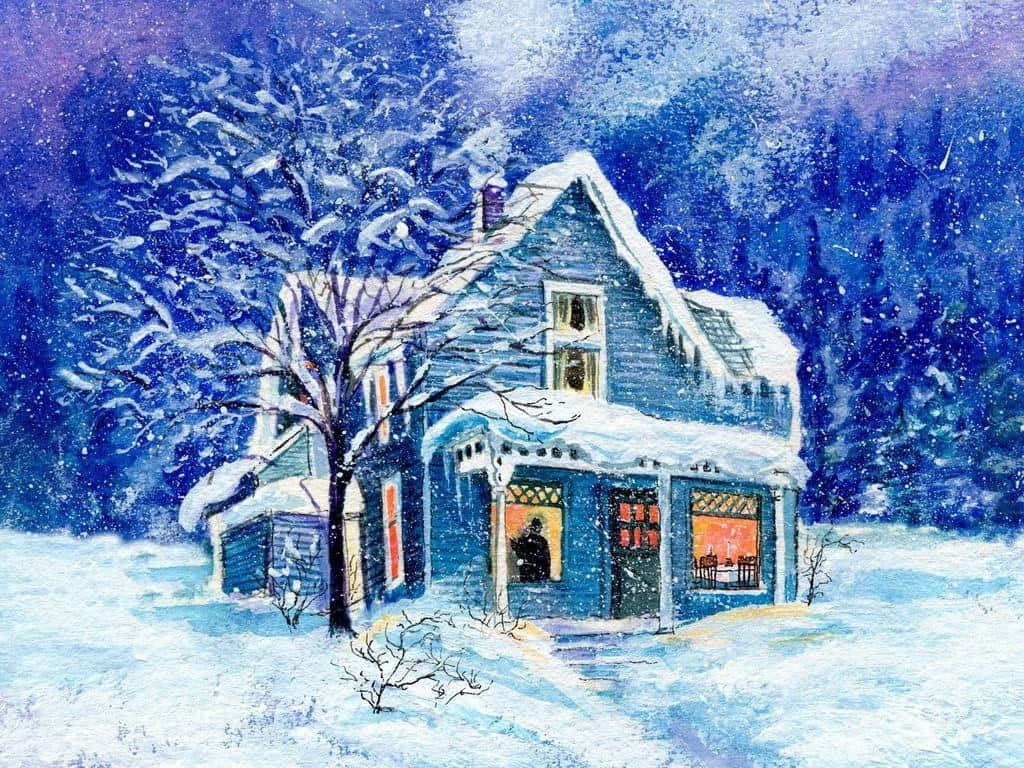Winter Painting, blue house, snowy forest, SD Desktop Wallpaper