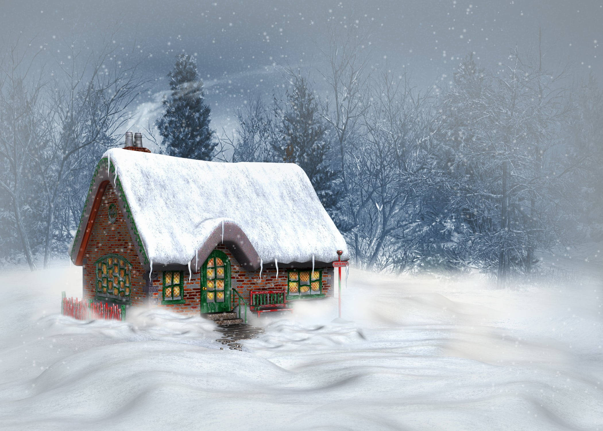 cozy brick cabin, green trim, glowing windows, Full HD Desktop Wallpaper