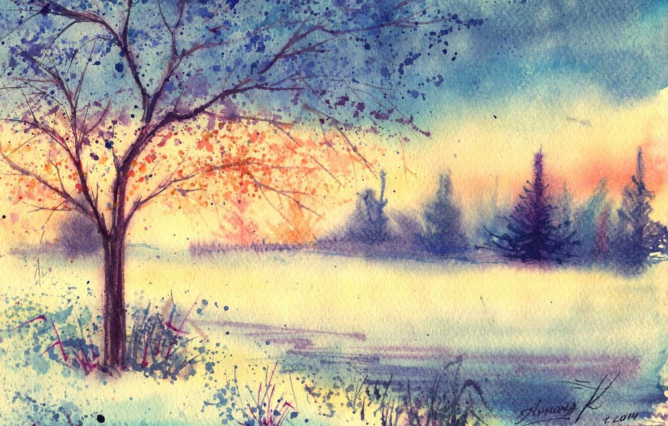 Winter Painting, lone tree, autumn leaves, HD Desktop Wallpaper