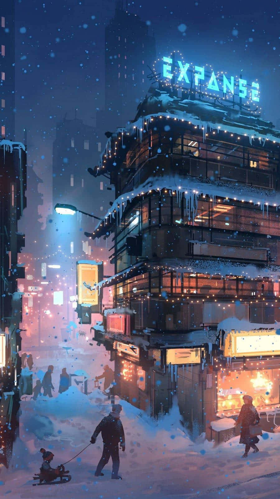 neon-lit city street, glowing storefronts, towering building, HD Phone Wallpaper