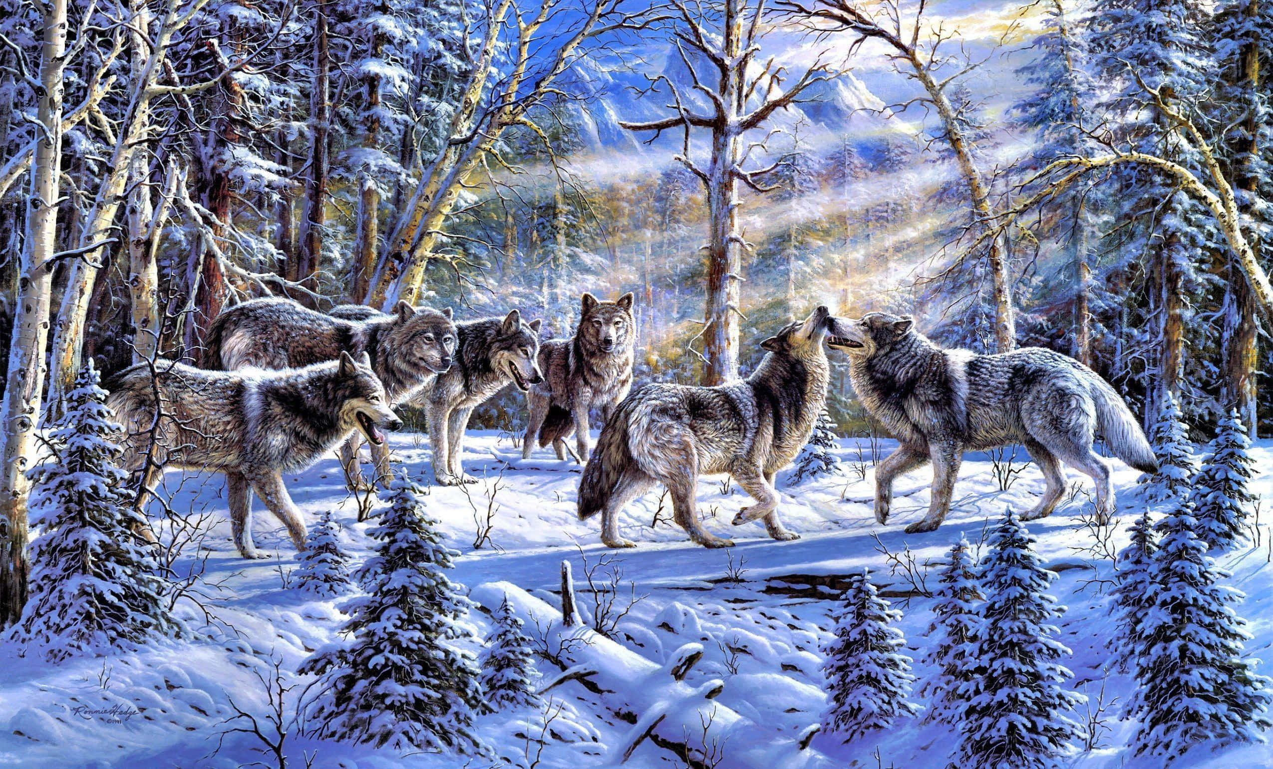 Winter Painting, wolf pack, snowy forest, Full HD Desktop Wallpaper