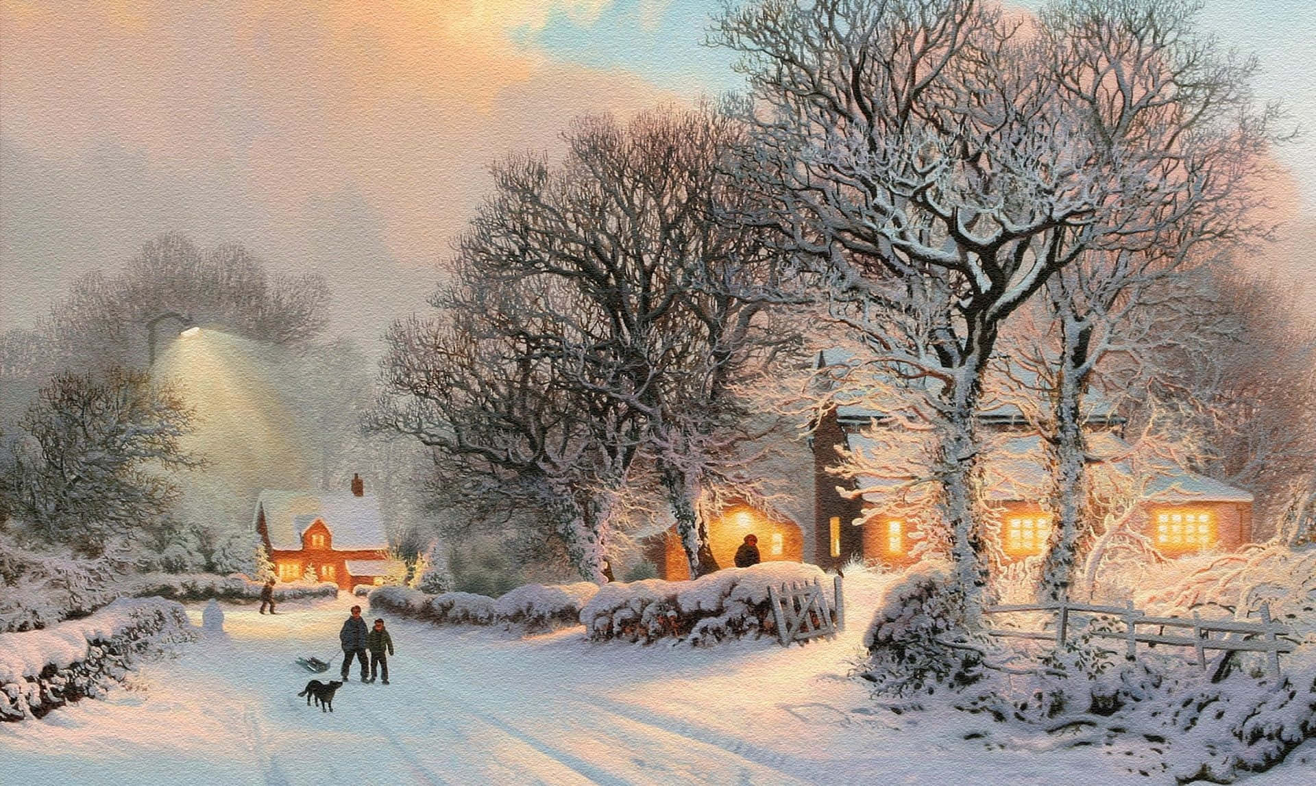 Winter Painting, snowy village, dusk, Full HD Desktop Wallpaper
