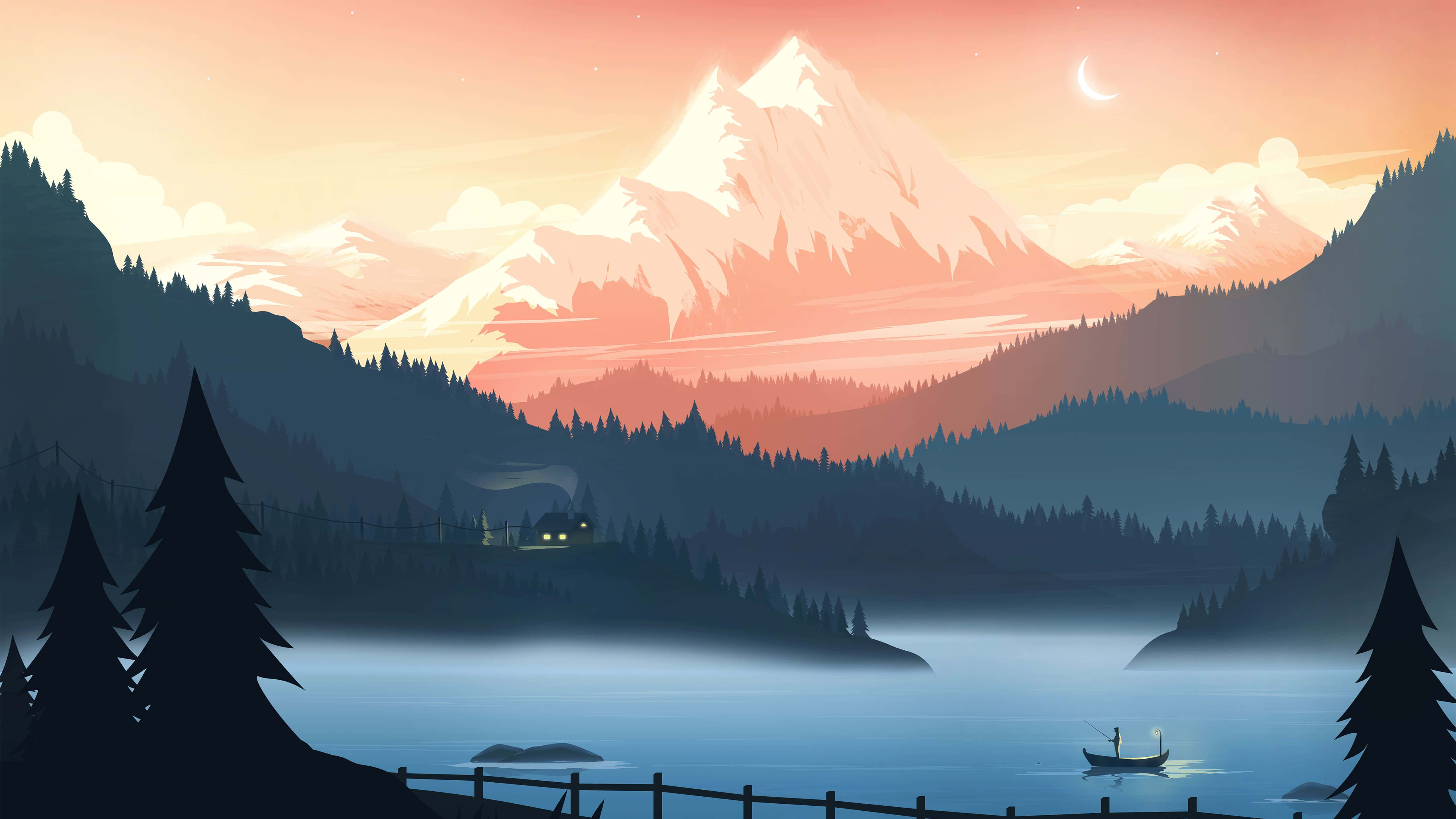 twilight mountain lake scene, lone fisherman in a boat, crescent moon, 5K Desktop Wallpaper