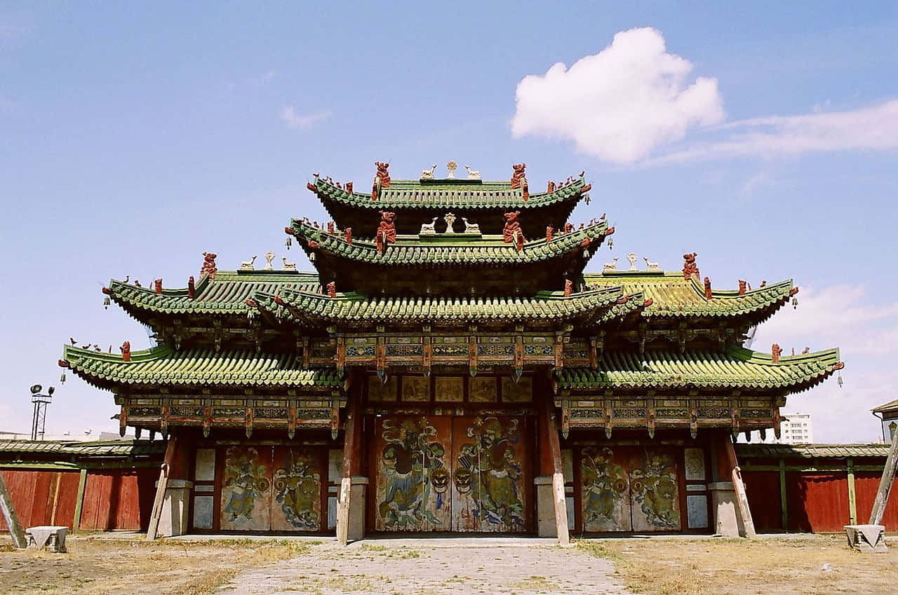 Winter Palace Of The Bogd Khan, green tiled roofs, ornate red decorations, HD Desktop Wallpaper