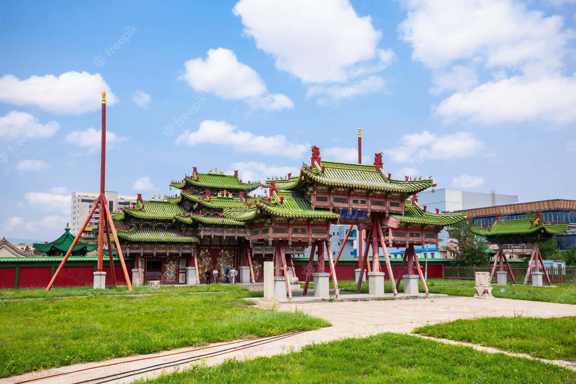 Winter Palace Of The Bogd Khan, green tiled roofs, red pillars, Full HD Desktop Wallpaper