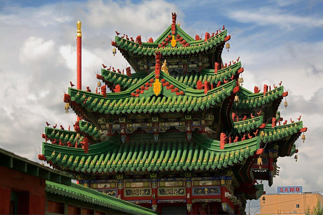 Winter Palace Of The Bogd Khan, traditional Chinese pagoda, green tiled roofs, SD Desktop Wallpaper