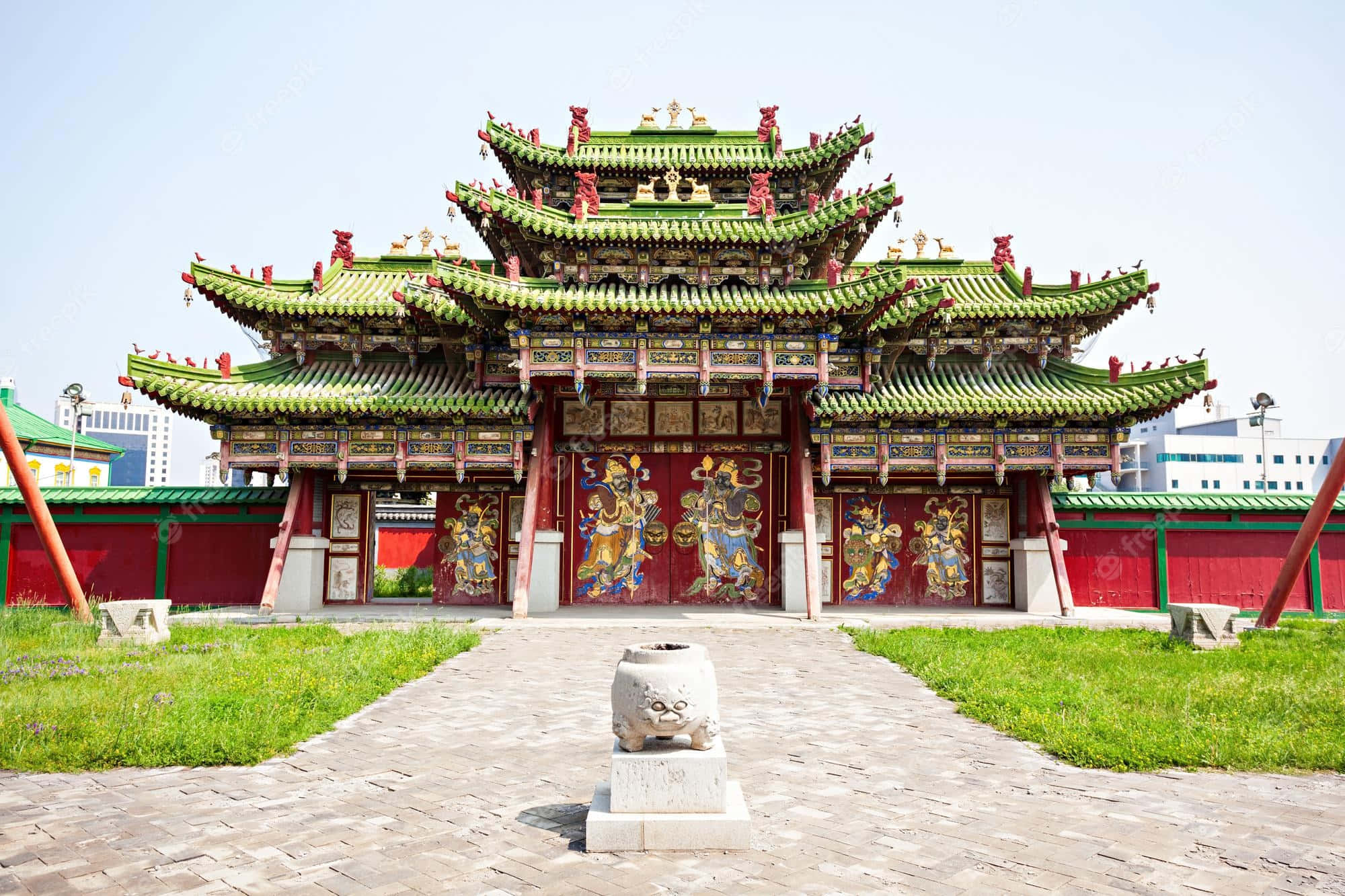 Winter Palace Of The Bogd Khan, green tiled roofs, red pillars, Full HD Desktop Wallpaper