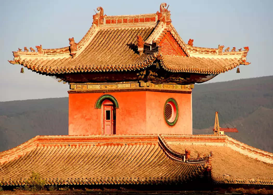Winter Palace Of The Bogd Khan, curved tiled roofs, ornate eaves, SD Desktop Wallpaper