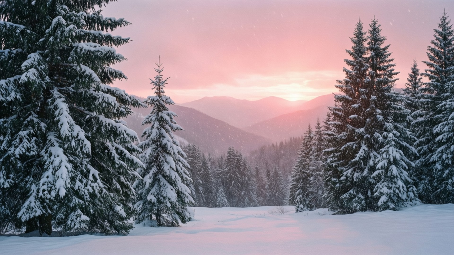 pink sunset, snow blankets, evergreen trees, Full HD Desktop Wallpaper