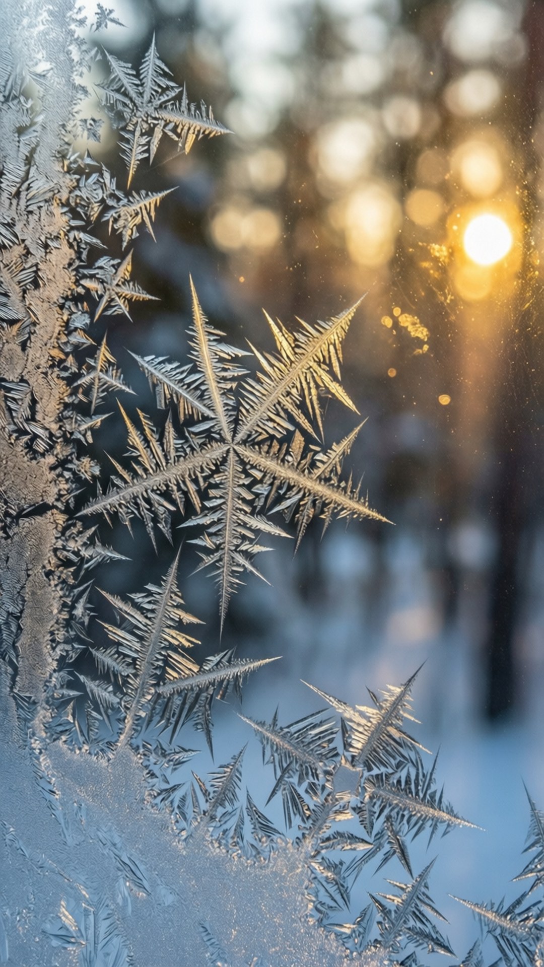 frost crystals, star patterns, windowpane, Full HD Phone Wallpaper