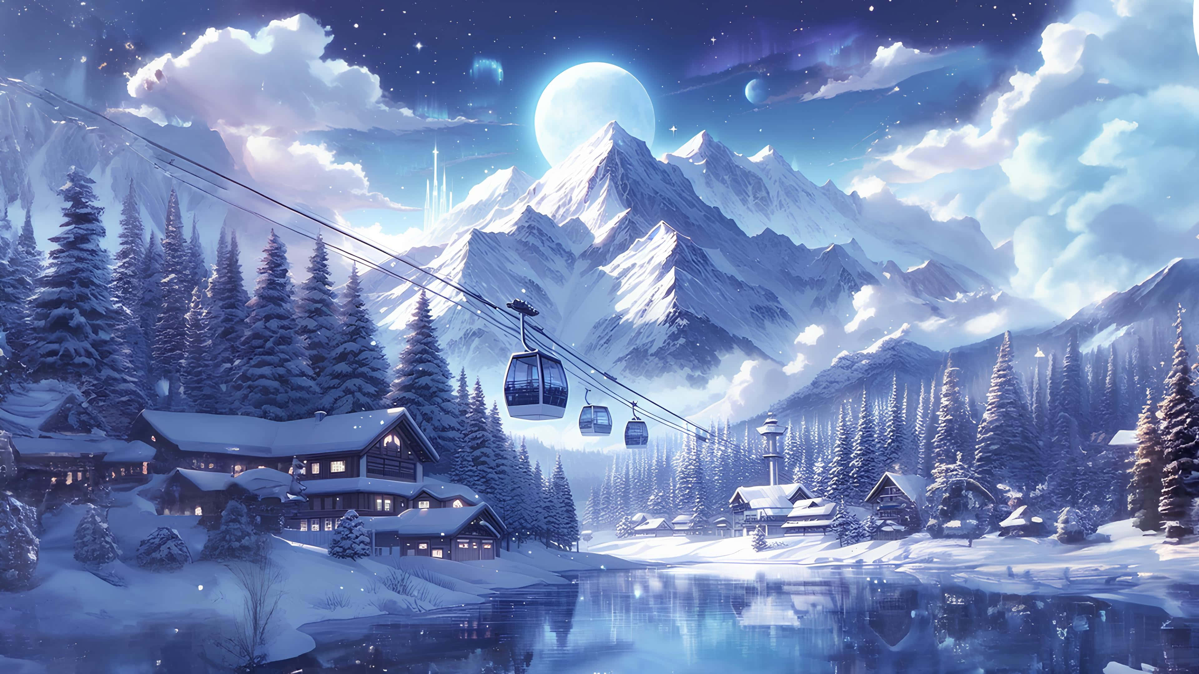 Enchanted Winter Mountain Scene, snowy mountain village, glowing cabins, 4K Desktop Wallpaper