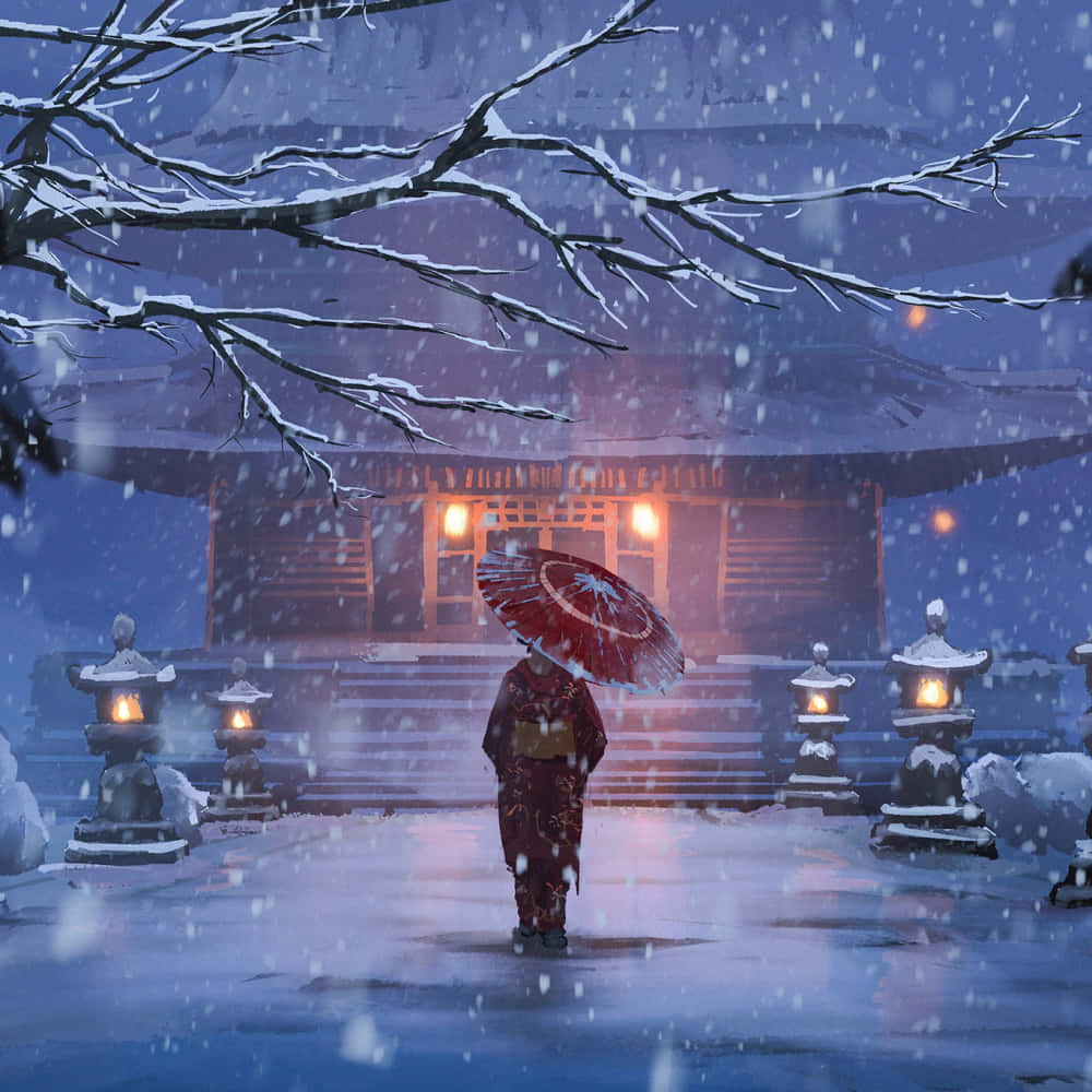red kimono, red umbrella, falling snow, SD Desktop Wallpaper