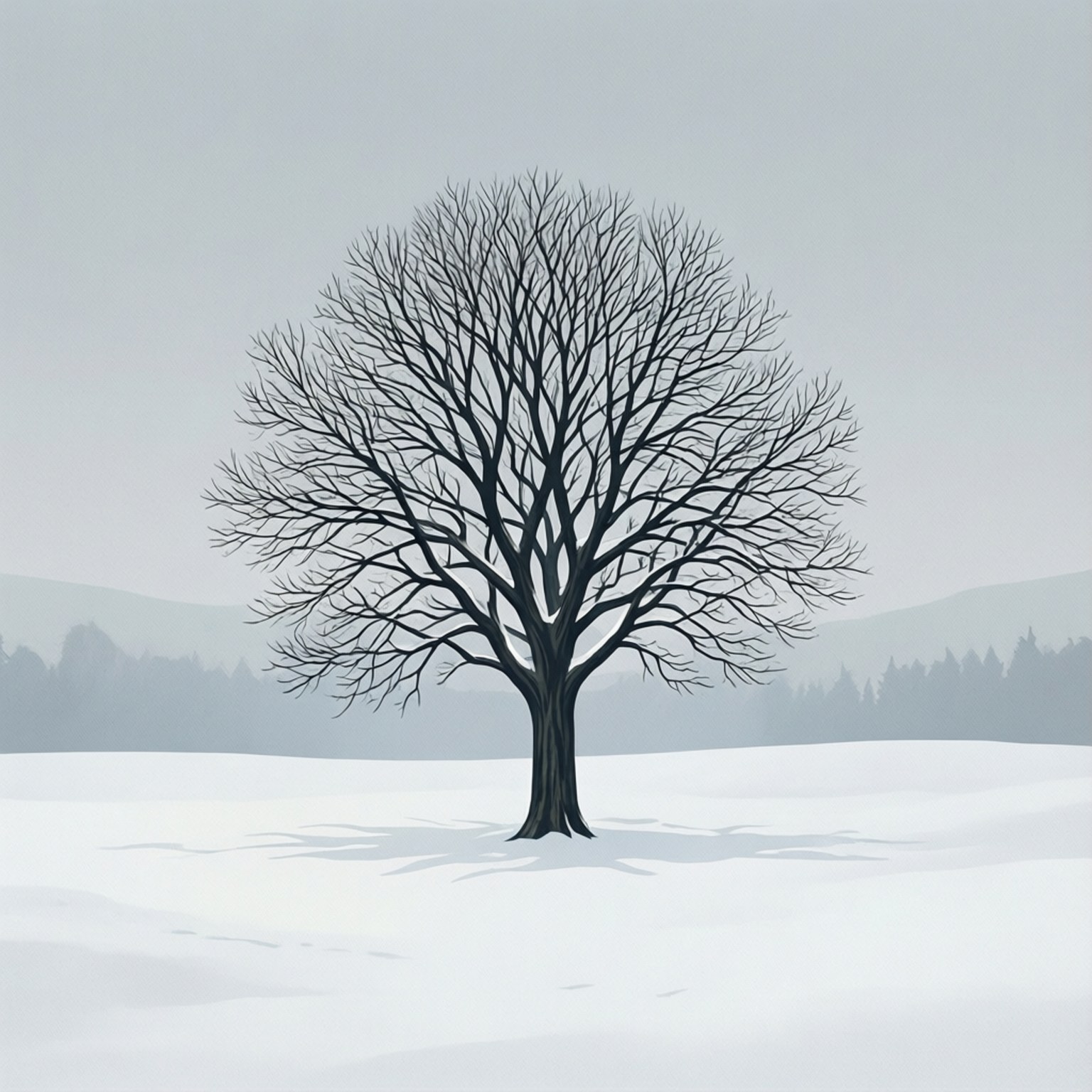 minimalist winter tree, snow covered field, hazy distant hills, HD Desktop Wallpaper