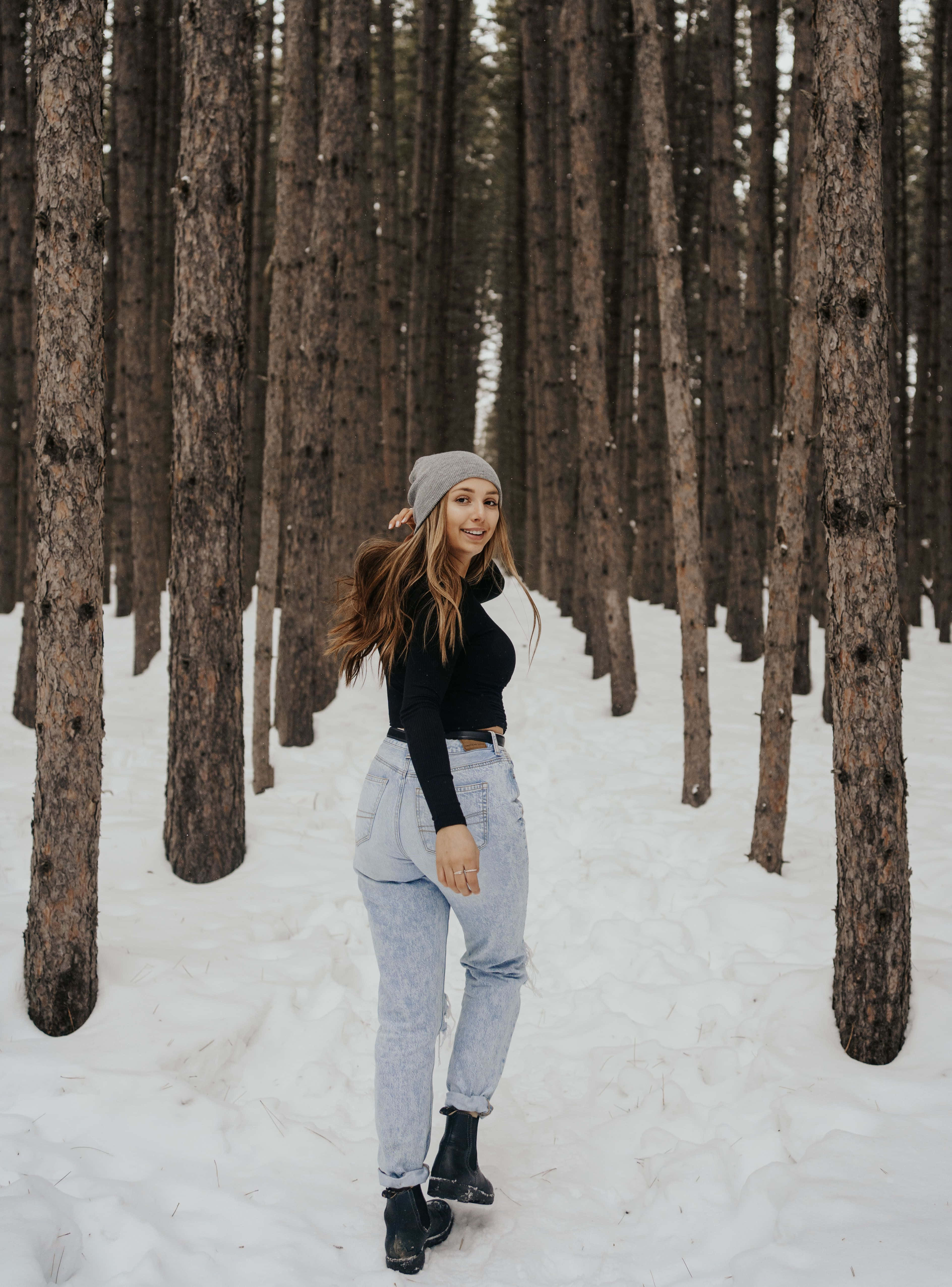 winter photography, grey beanie, light jeans, 4K Phone Wallpaper
