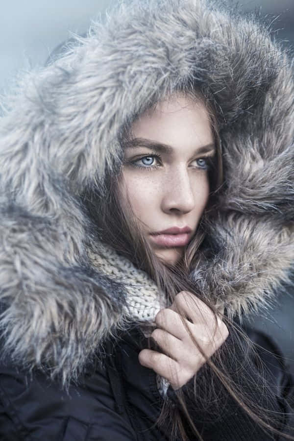 snowy forest path, woman, blue eyes, SD Phone Wallpaper