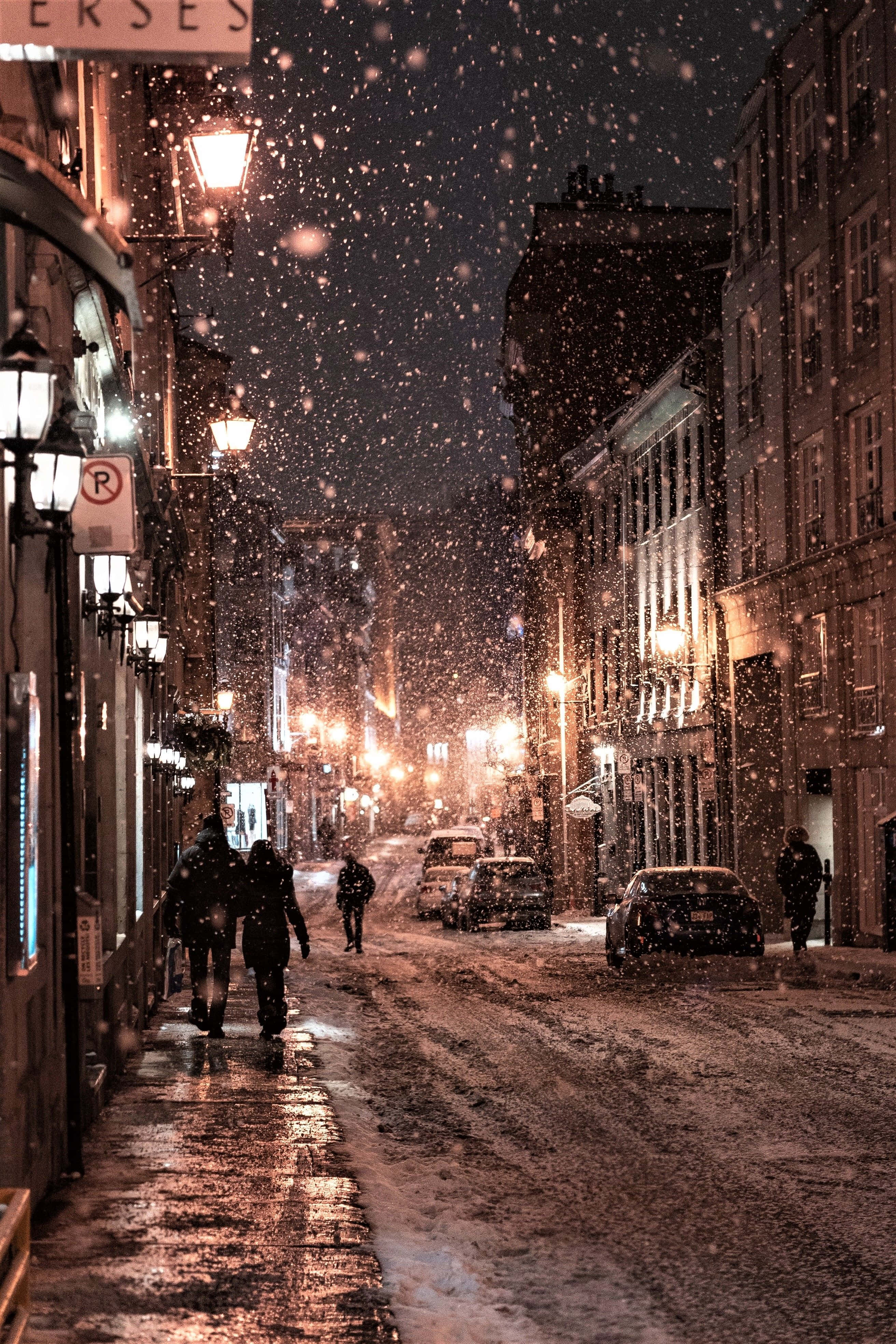 Winter Photography, snowflakes, warm streetlights, 4K Phone Wallpaper