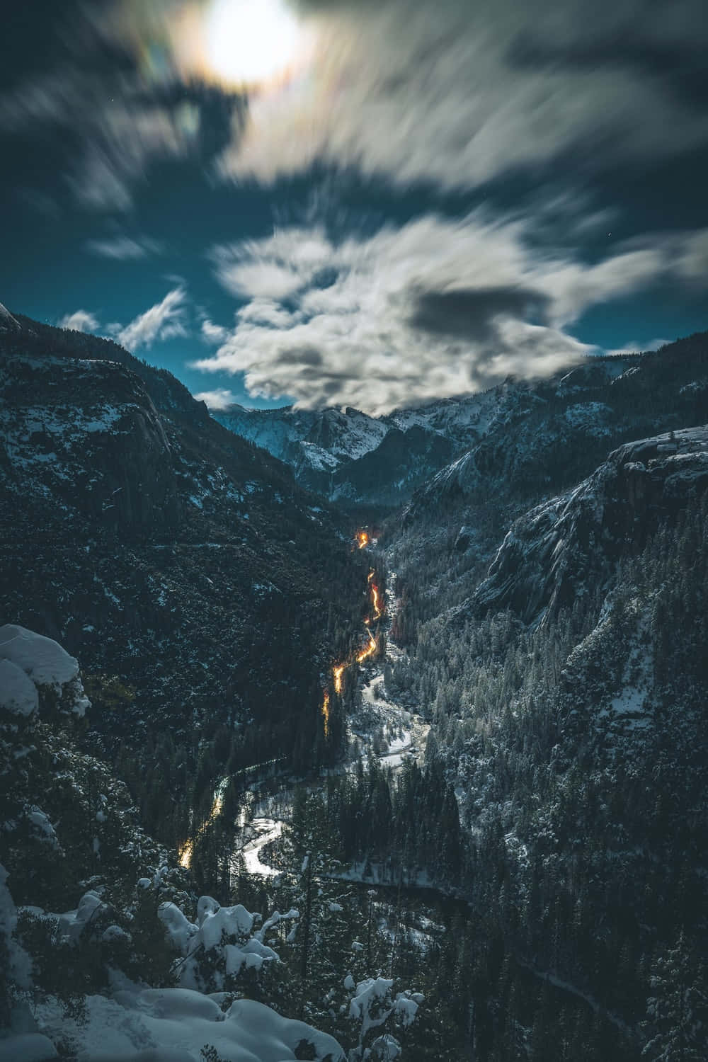 snowy mountain valley, dusk, winding road, HD Phone Wallpaper