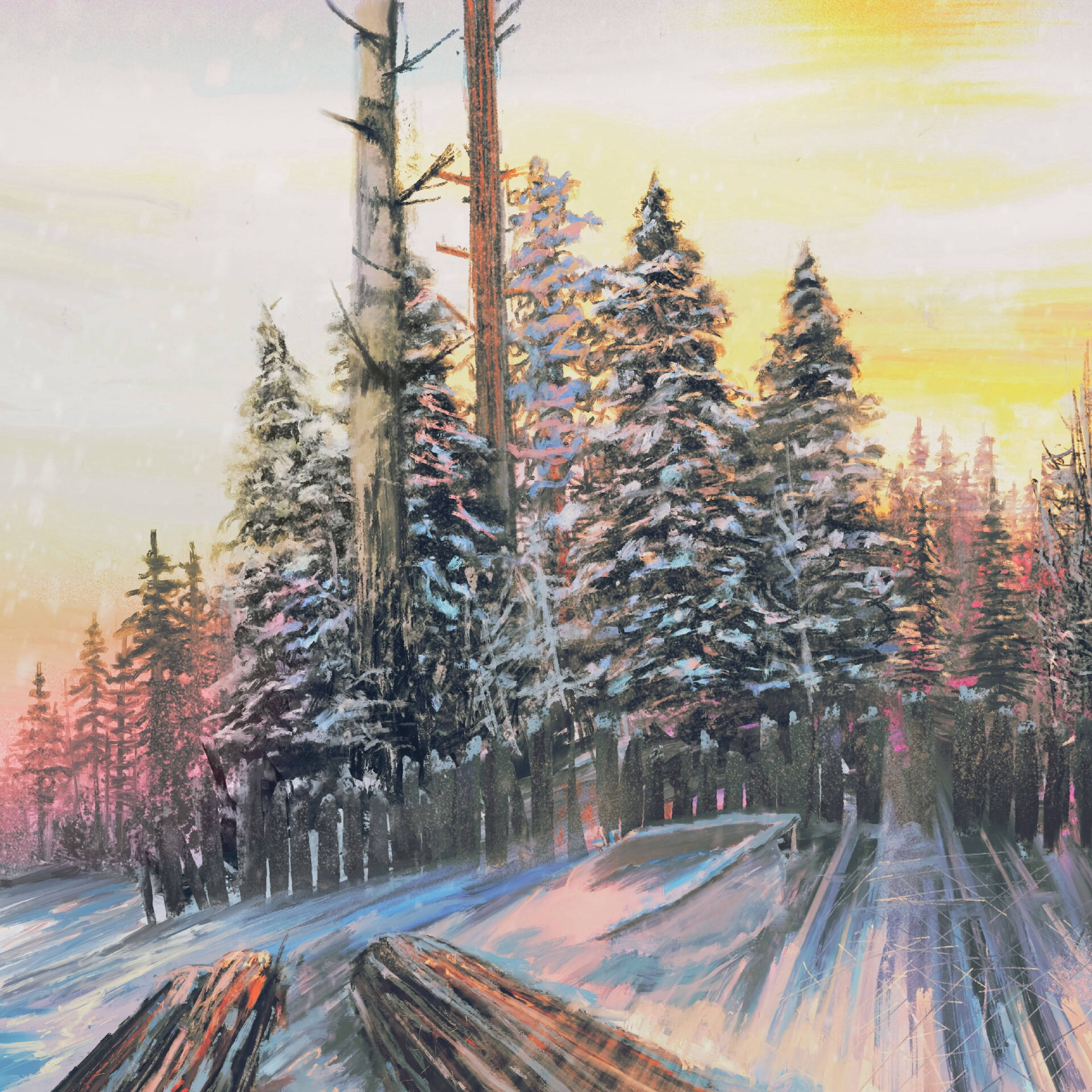 icy forest painting, snowy forest path, tall pine trees, 4K Desktop Wallpaper