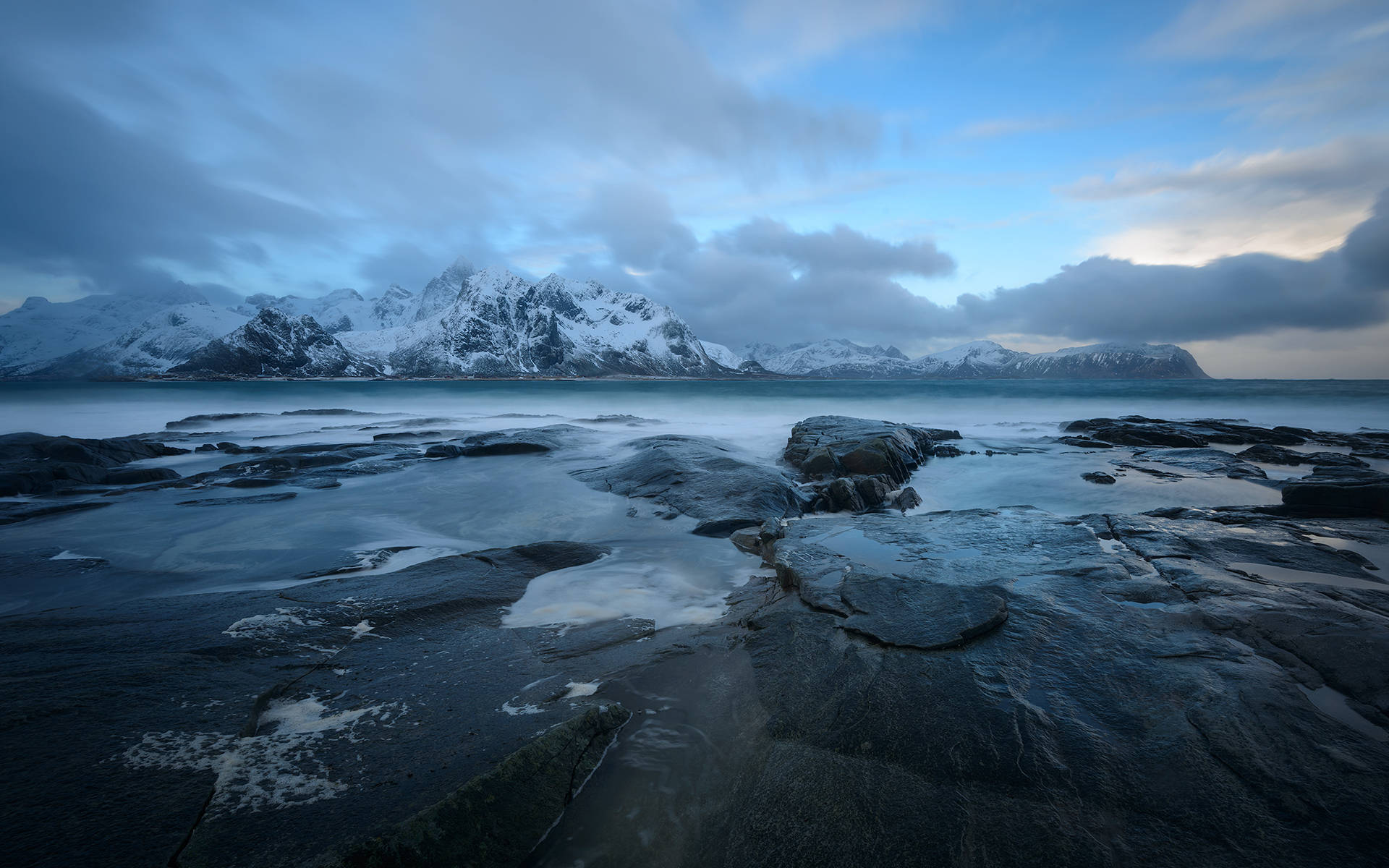 snow mountain, misty ocean, dark rocks, Full HD Desktop Wallpaper