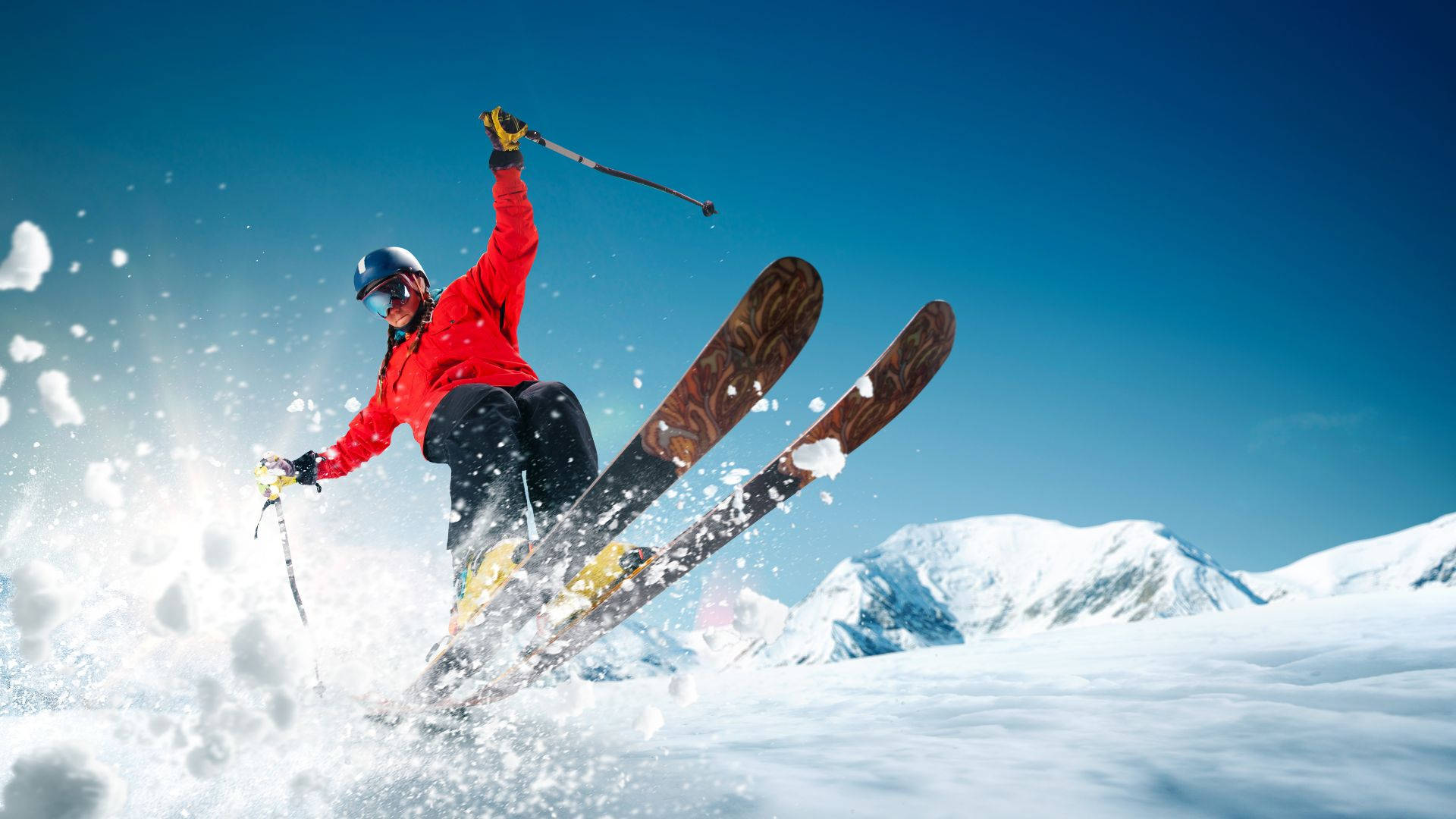 ski jumping, red jacket, snowy air, Full HD Desktop Wallpaper