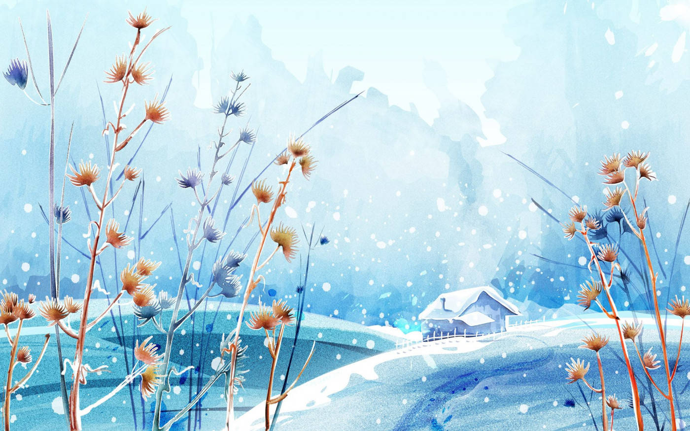 winter scene, snow-covered hills, small house, HD Desktop Wallpaper