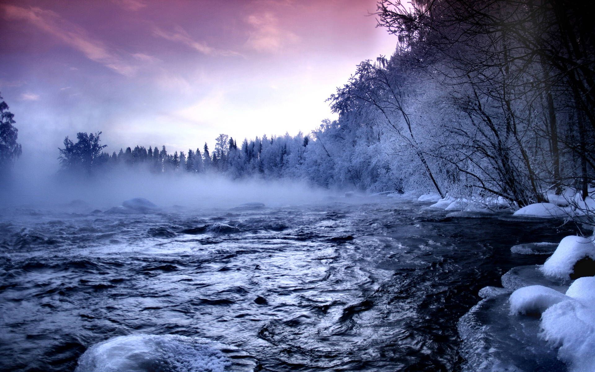 frozen landscape, misty winter river, snowy forest, Full HD Desktop Wallpaper