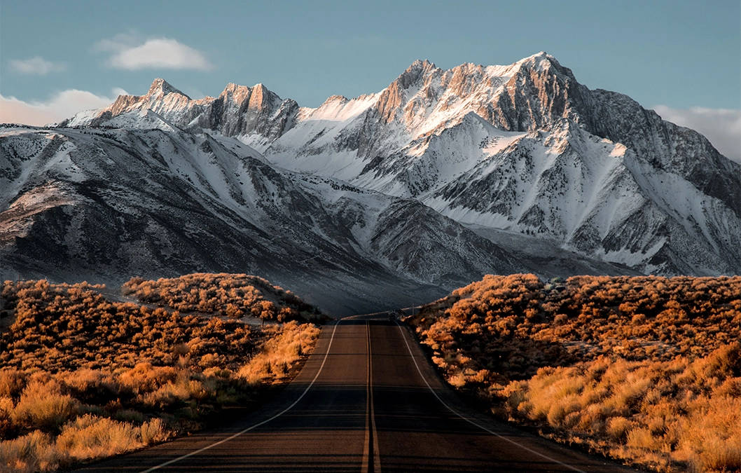 rocky snow mountains, winding road, golden shrublands, SD Desktop Wallpaper