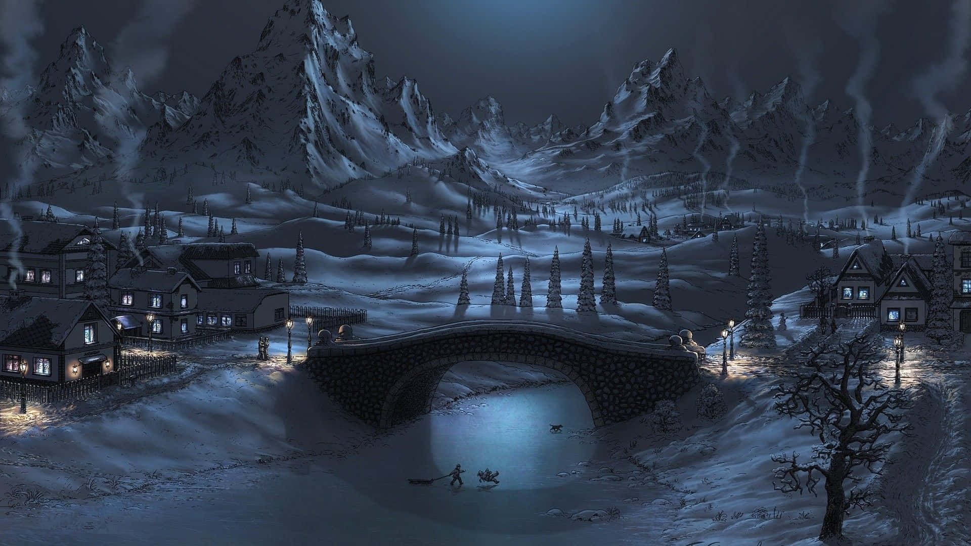snowy mountain village, glowing windows, stone bridge, Full HD Desktop Wallpaper