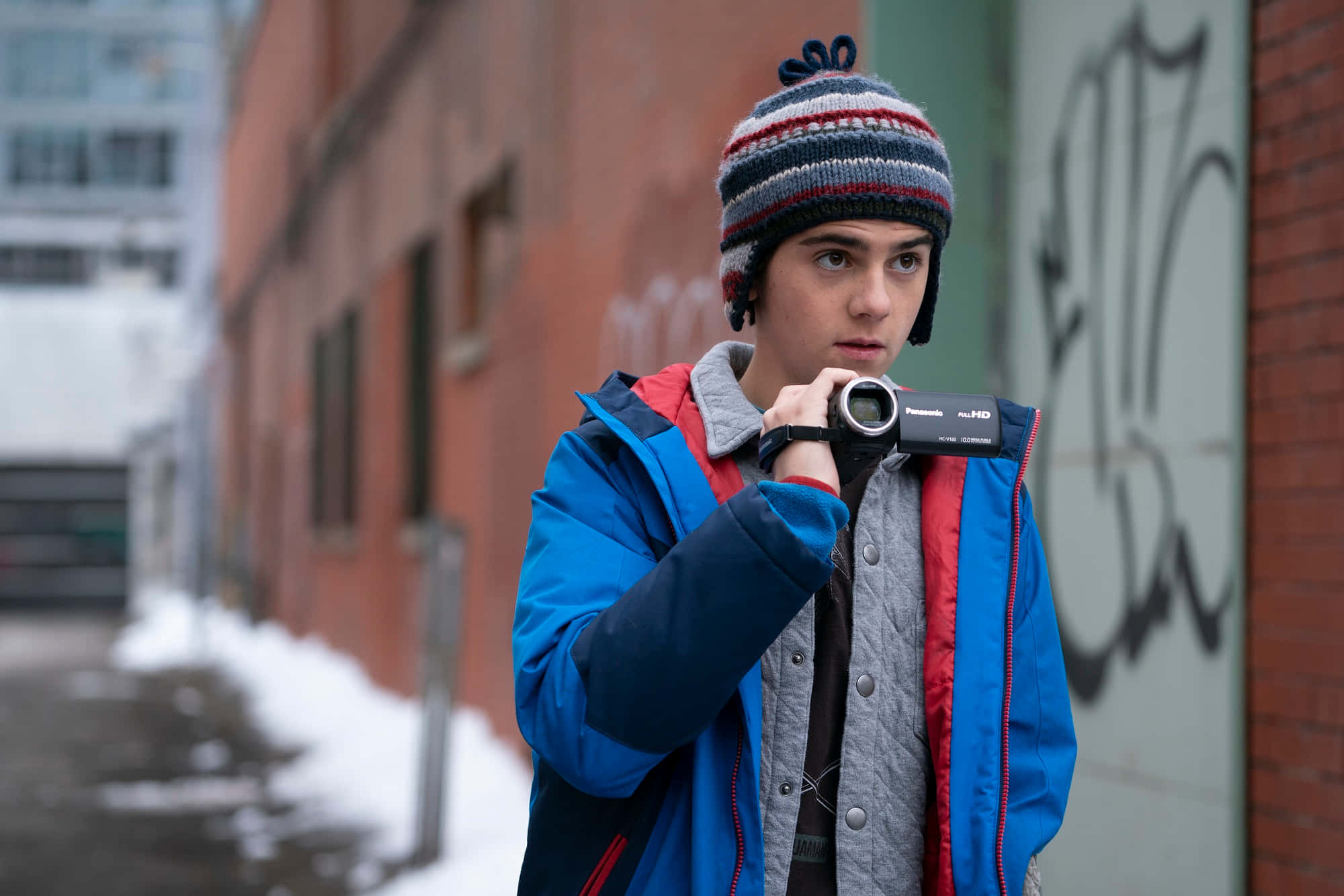 blue jacket, striped beanie, camcorder, Full HD Desktop Wallpaper