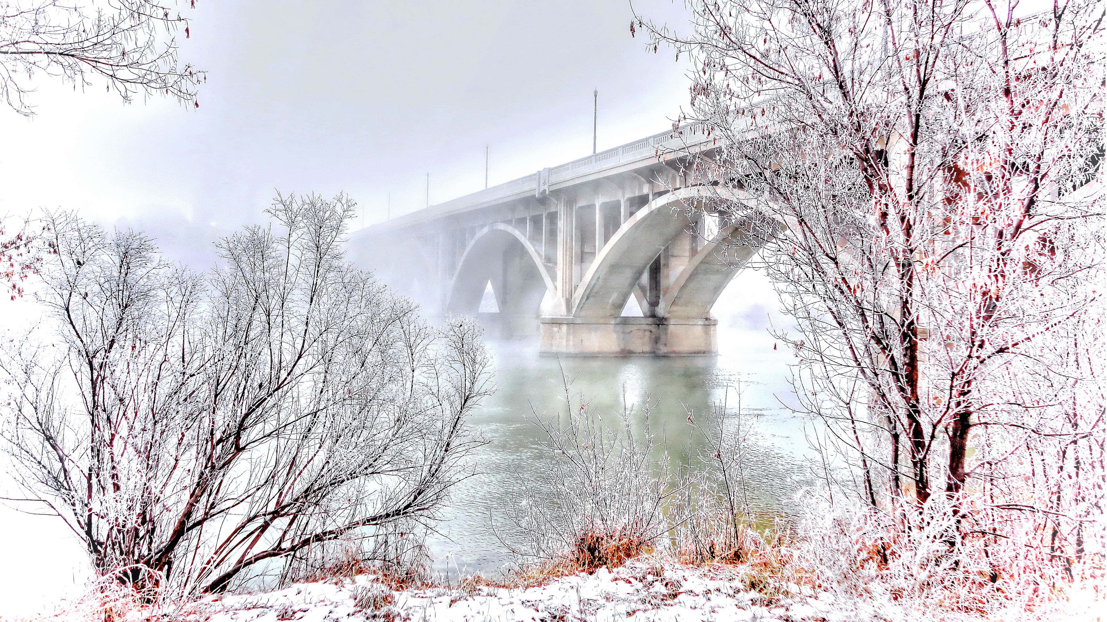 Arch Bridge, Winter Scenery Desktop, frosty winter, 4K Desktop Wallpaper