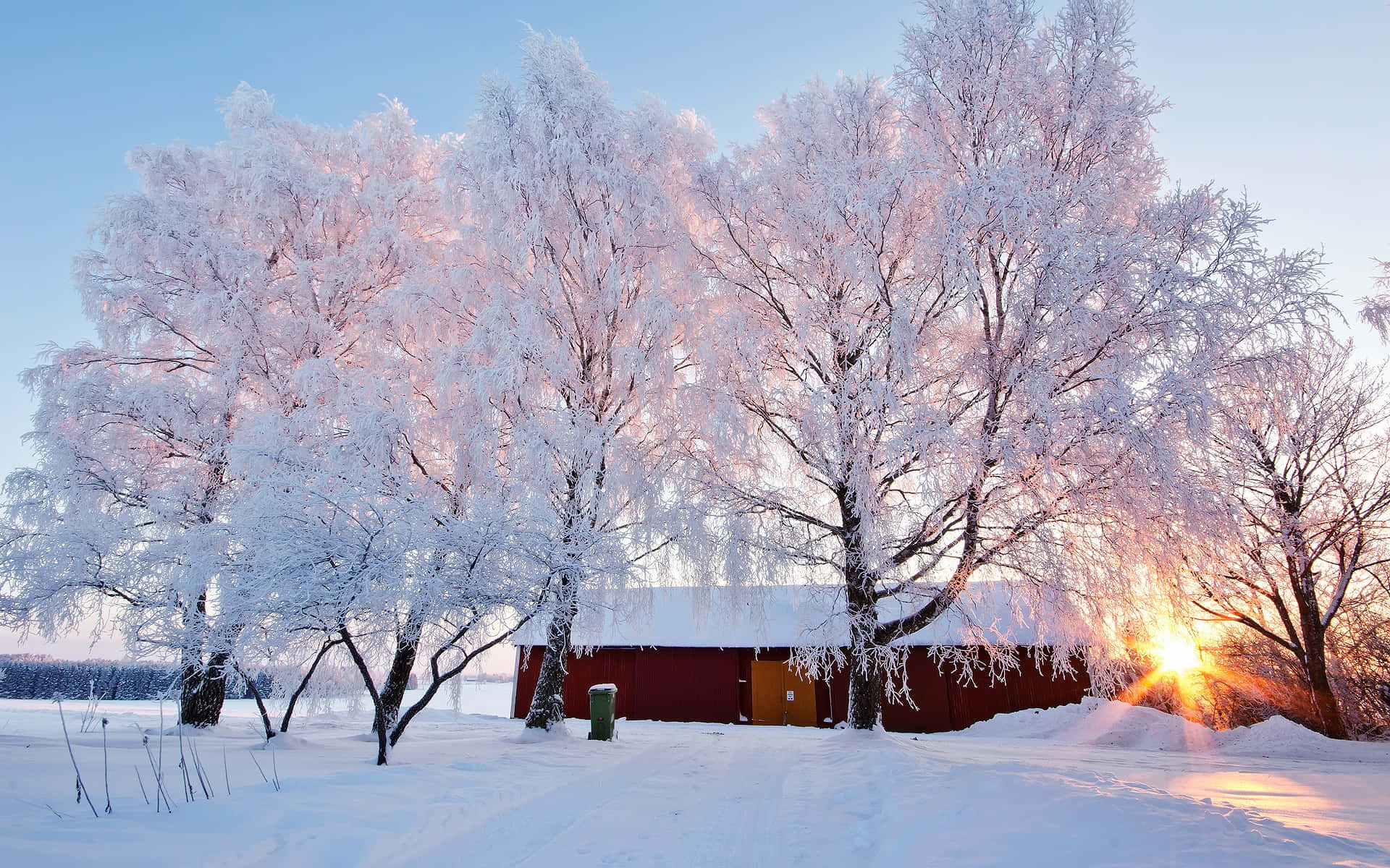 red barn, snow-covered trees, sun sets, Full HD Desktop Wallpaper