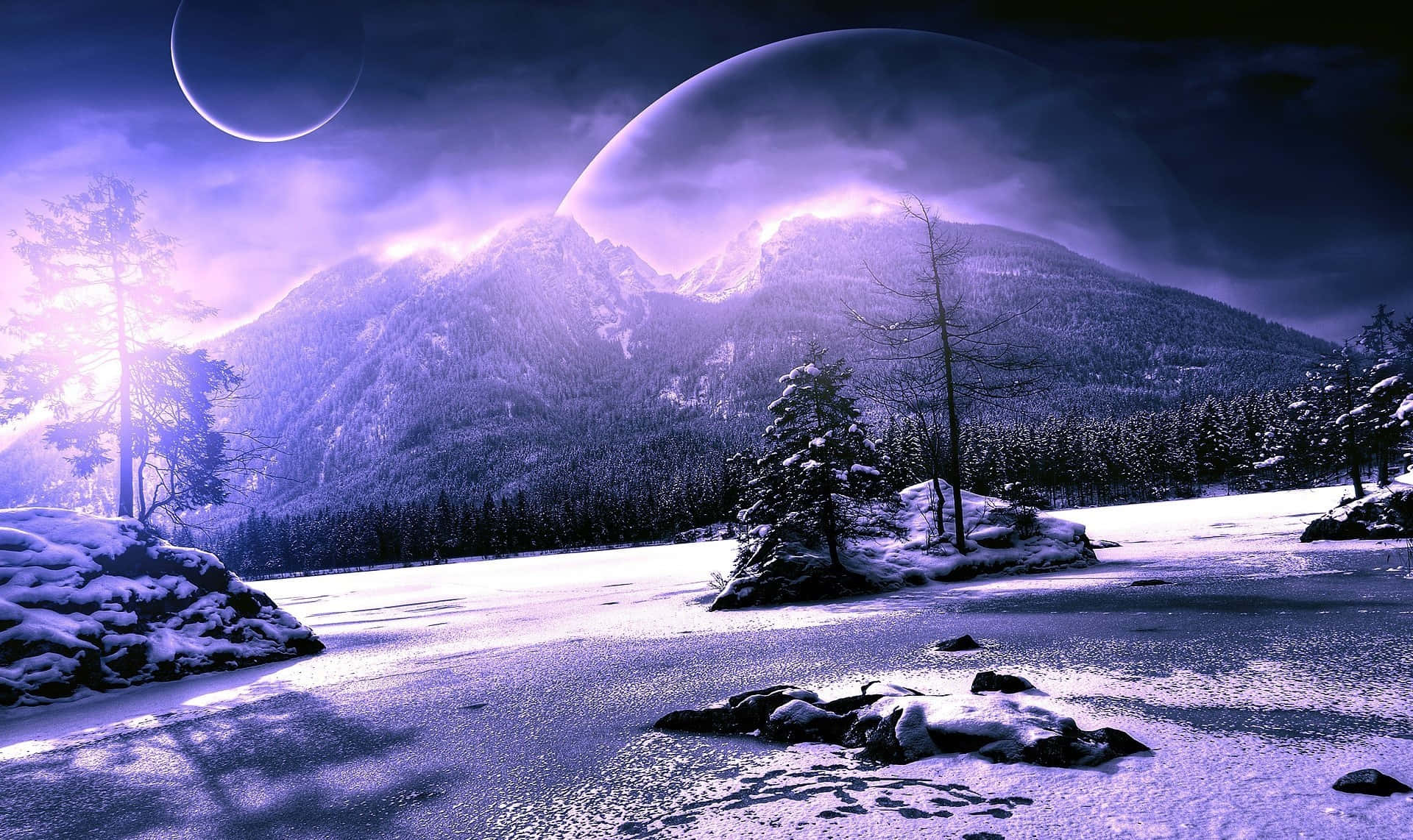 winter scenery desktop, snowy mountain landscape, purple twilight sky, Full HD Desktop Wallpaper
