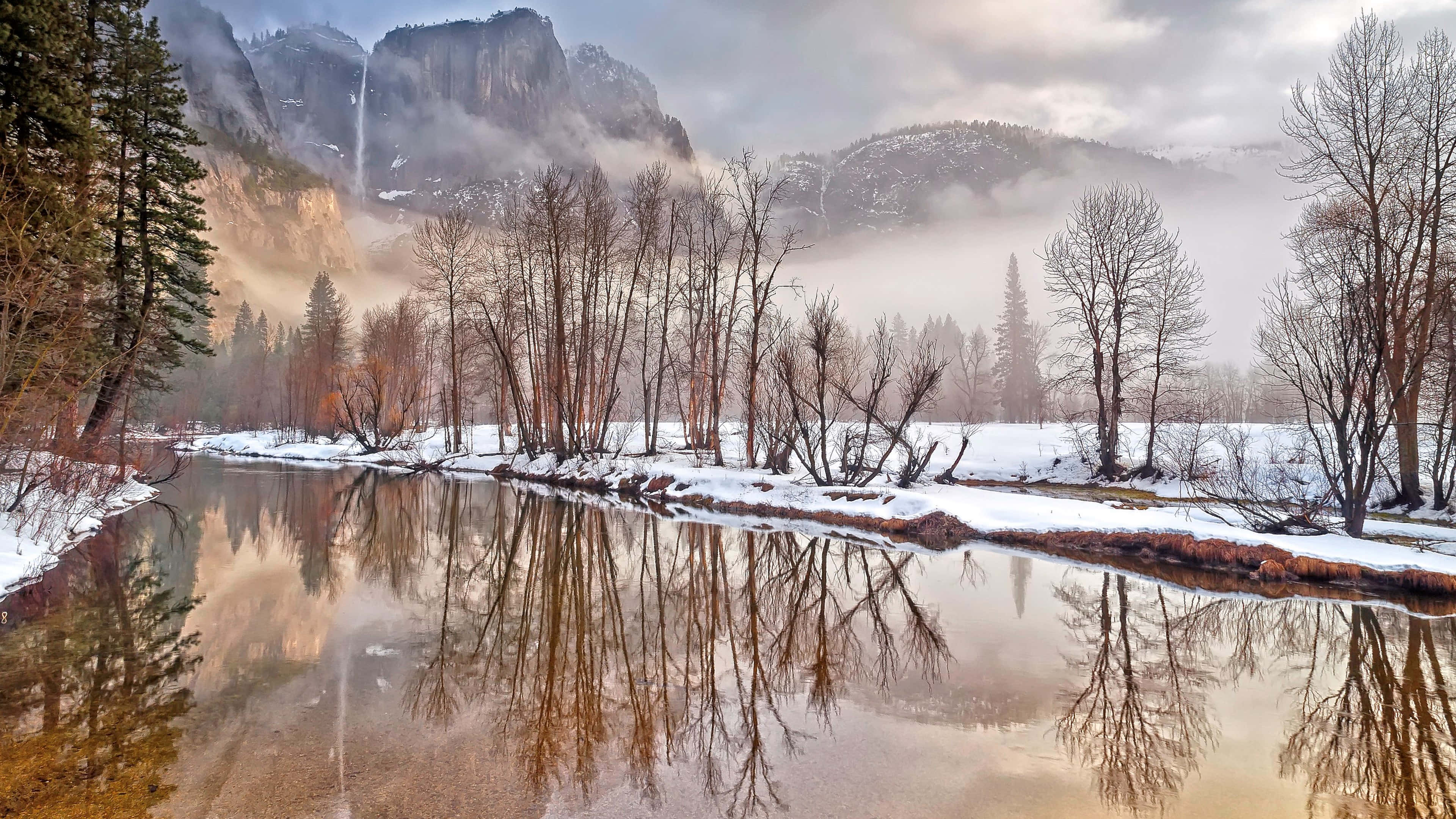 Winter Landscape, snow-covered trees, calm river, 4K Desktop Wallpaper