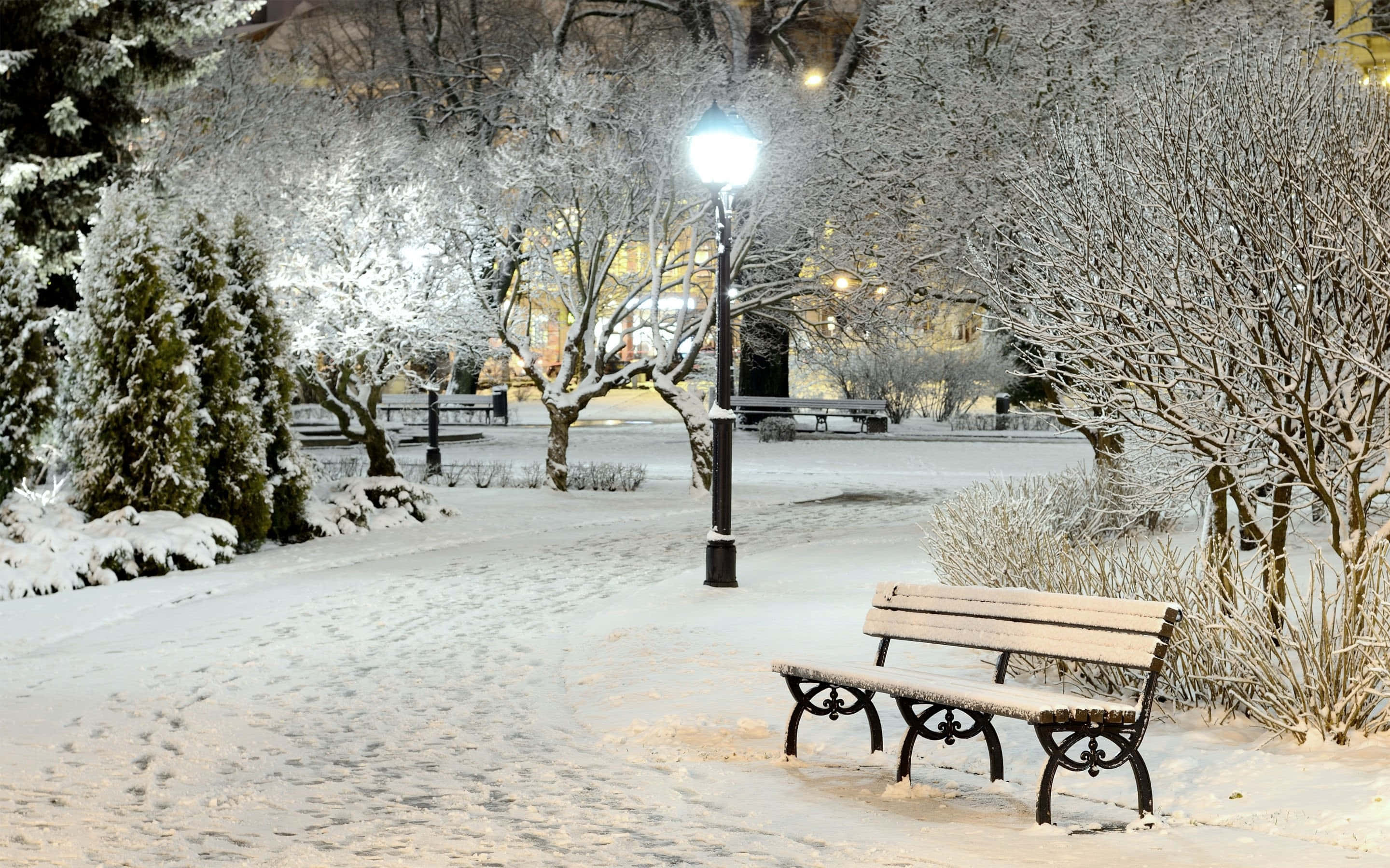 snow-covered park bench, streetlamp, footprints, 2K Desktop Wallpaper