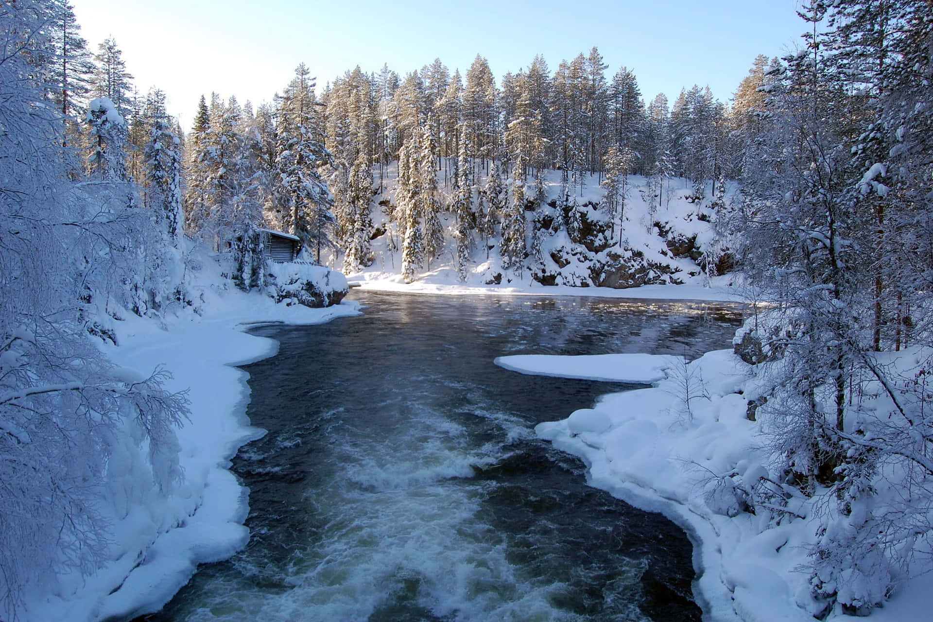 Winter Scenery Desktop, rushing river, snowy winter forest, Full HD Desktop Wallpaper