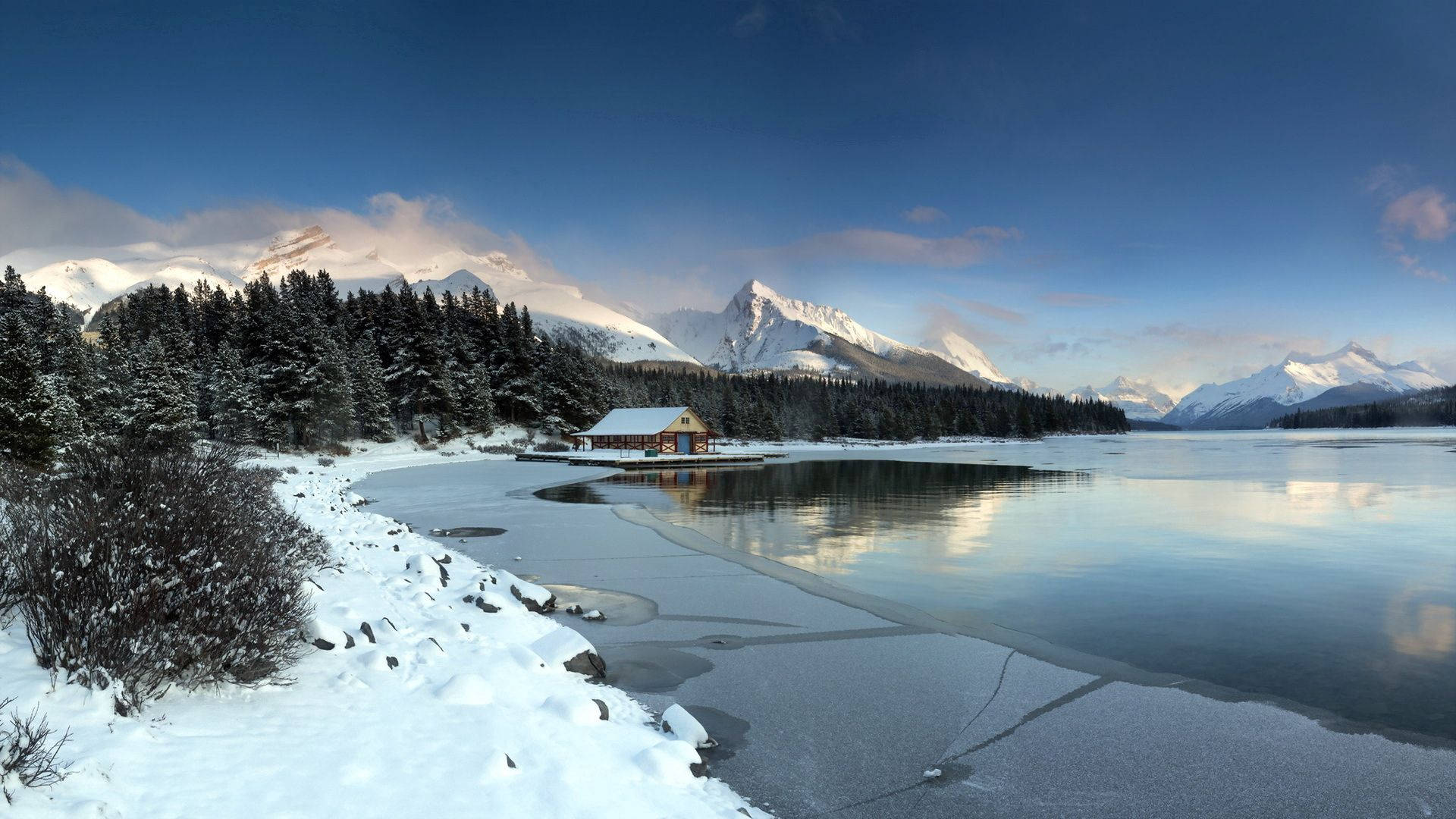 winter landscape, wooden cabin, frozen lake, Full HD Desktop Wallpaper