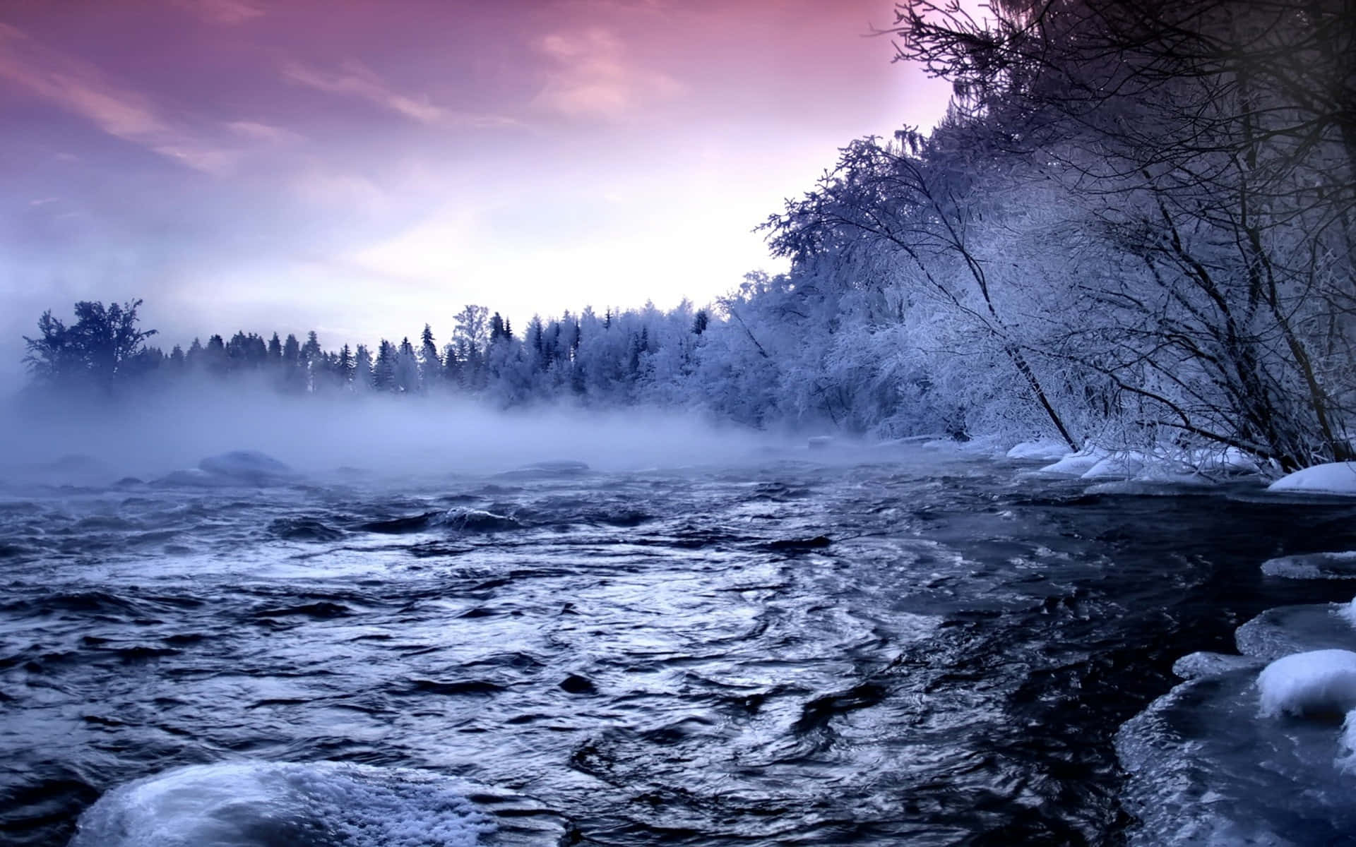 winter scenery desktop, river, steam, Full HD Desktop Wallpaper